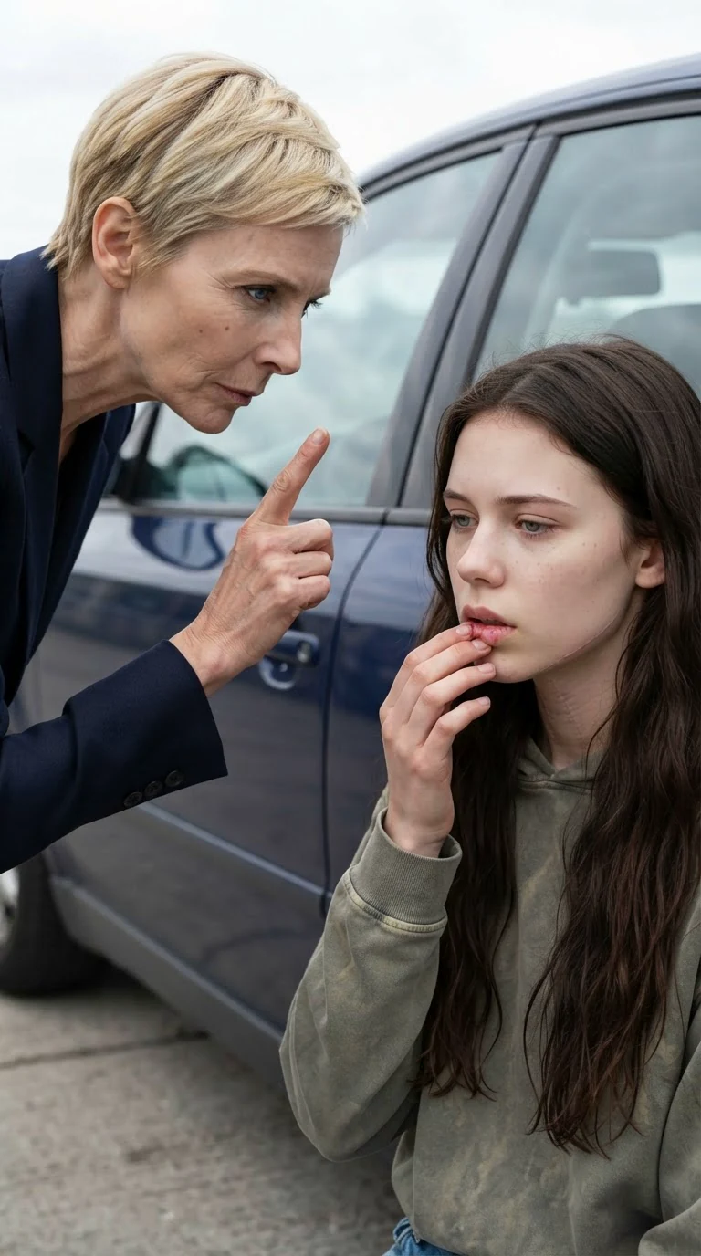 Delia leans close to Sienna, one finger raised, her face cold as Sienna touches her bleeding lip.