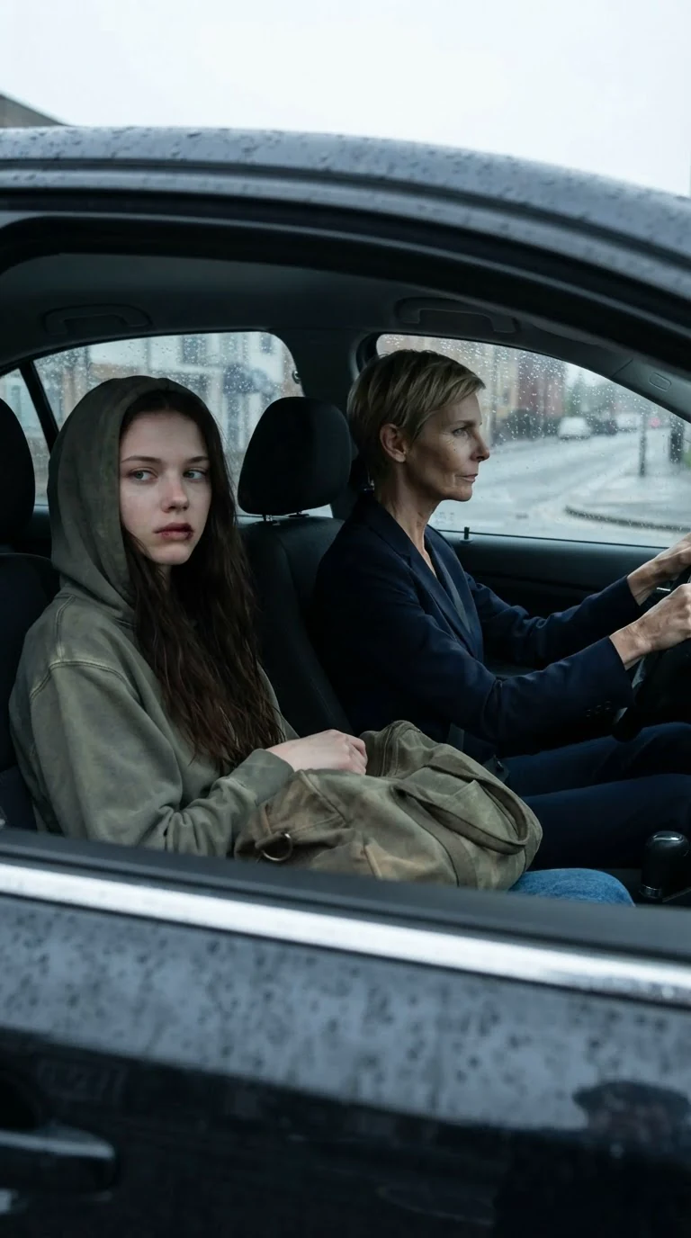 Delia drives with a hard profile while Sienna sits alone in the back seat of the sedan.