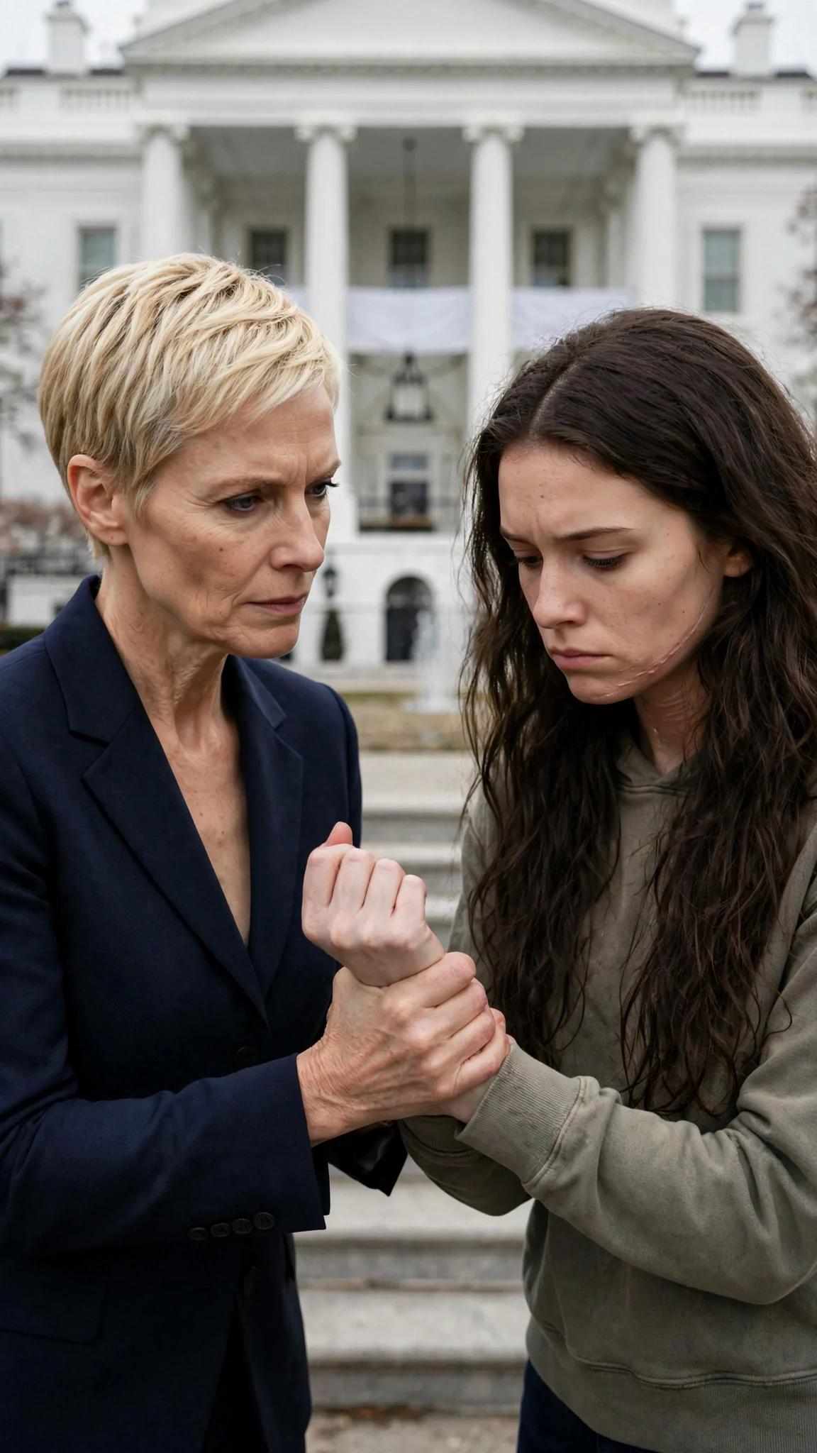 Delia's fingers dig into Sienna's wrist as they stand before a huge white house with a campaign banner.