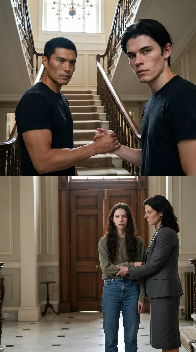Two tall stepbrothers on a wide staircase stare at Sienna's bleeding lip and Delia's grip on her wrist.