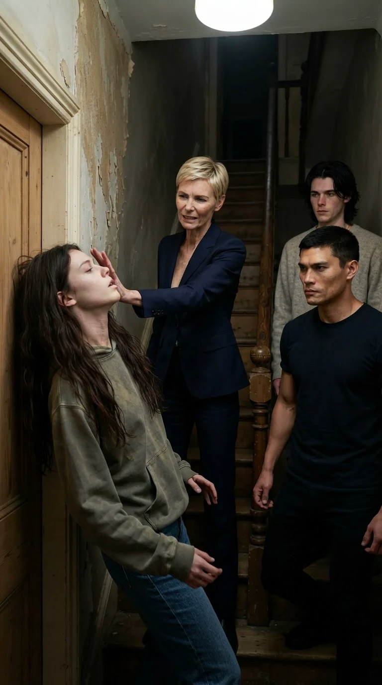 Delia shoves Sienna toward the bathroom door while Cato steps down a stair with a hard face.