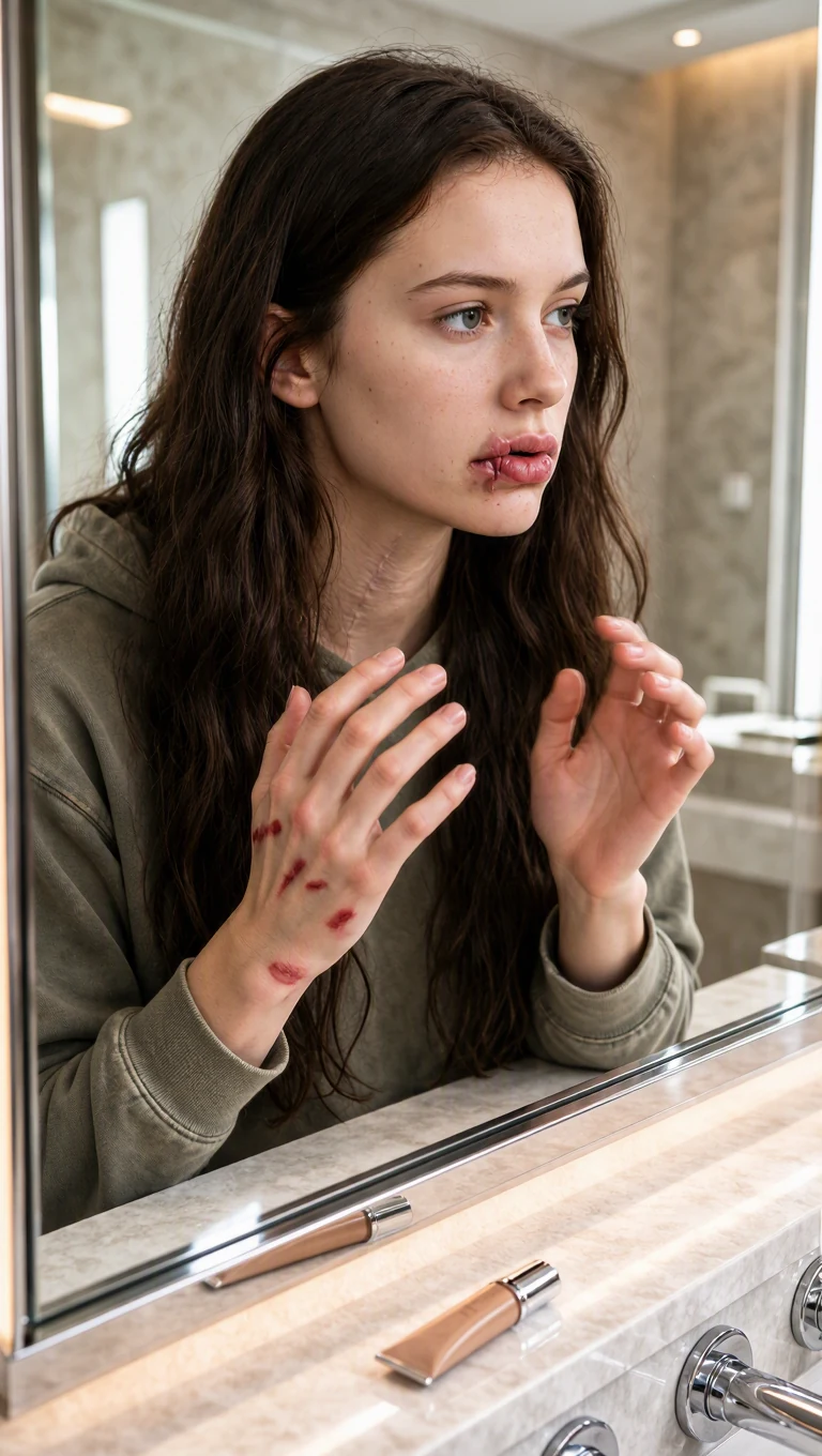 Sienna stares into a bright bathroom mirror at her split lip, red wrist marks and the long scar on her jaw.