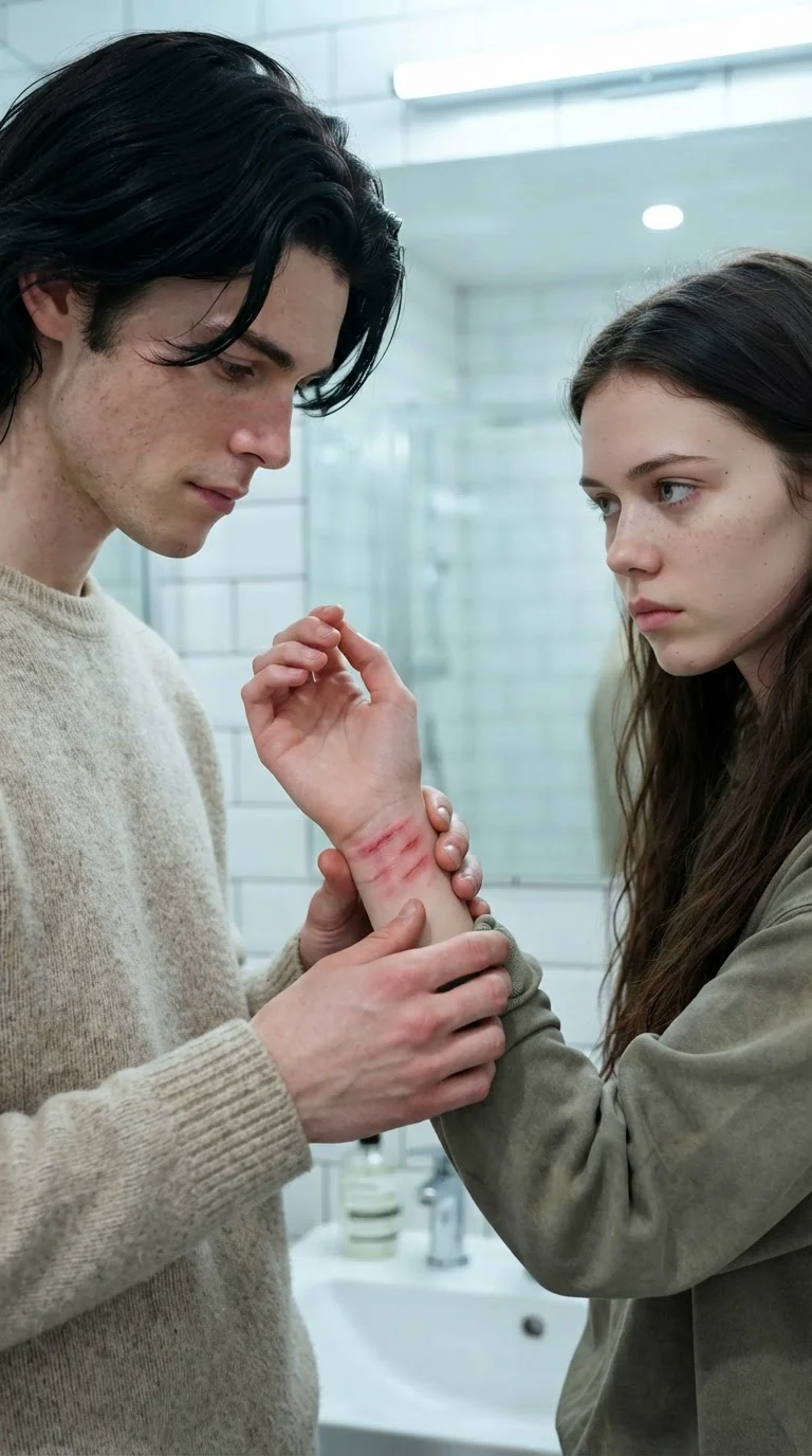 Finn gently holds Sienna's wrist, examining the red fingermarks, his face soft and serious.