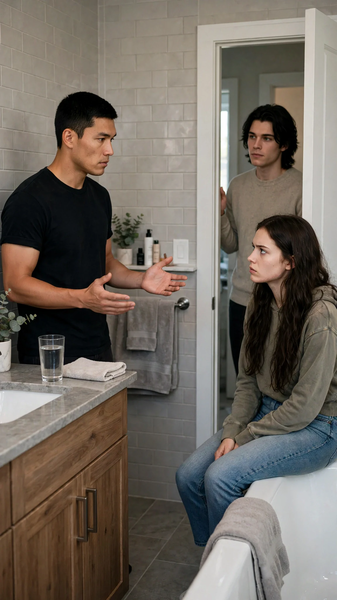 Cato leaves a glass of water and a cloth on the bathroom counter, then steps back with his hands raised.
