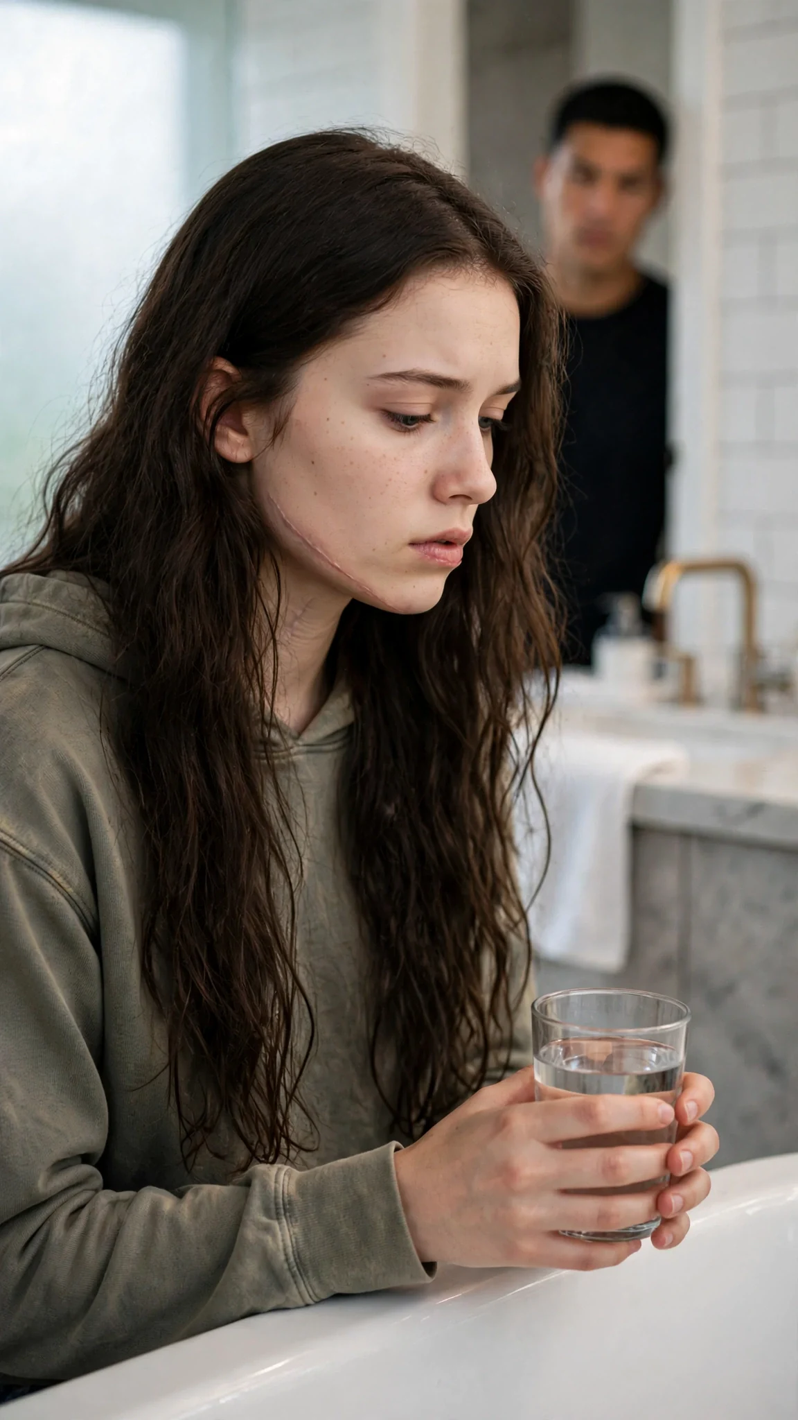 Sienna sits on the tub edge, guarded, as Cato watches her from the doorway with steady brown eyes.