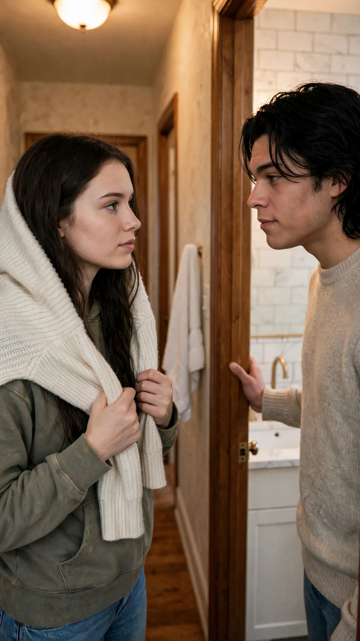 Sienna pulls the soft sweater over her head while Finn holds the bathroom door open in the hallway.