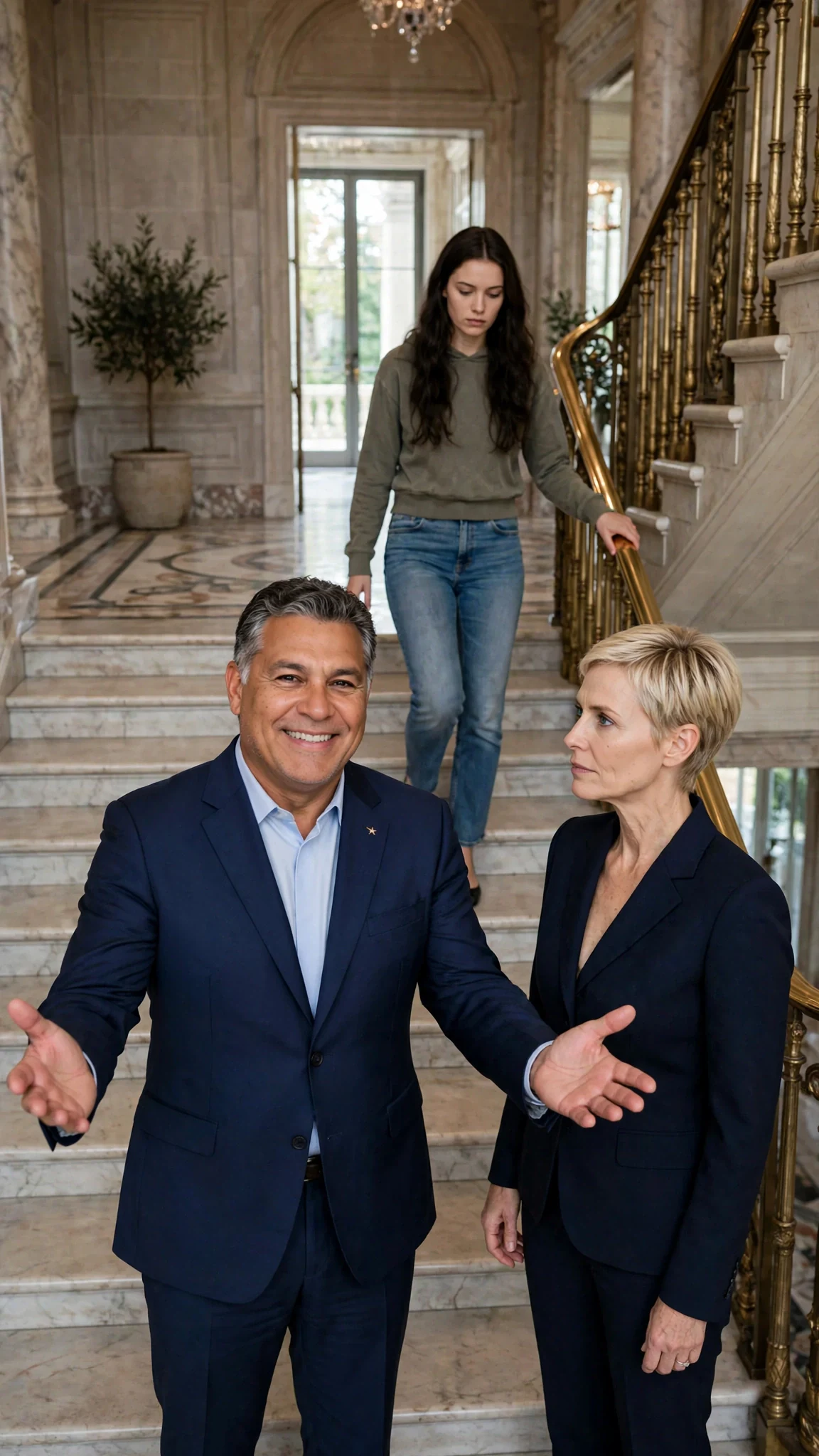Warrick stands at the stair base with open arms and a practiced smile while Sienna comes down under Delia's cold stare.