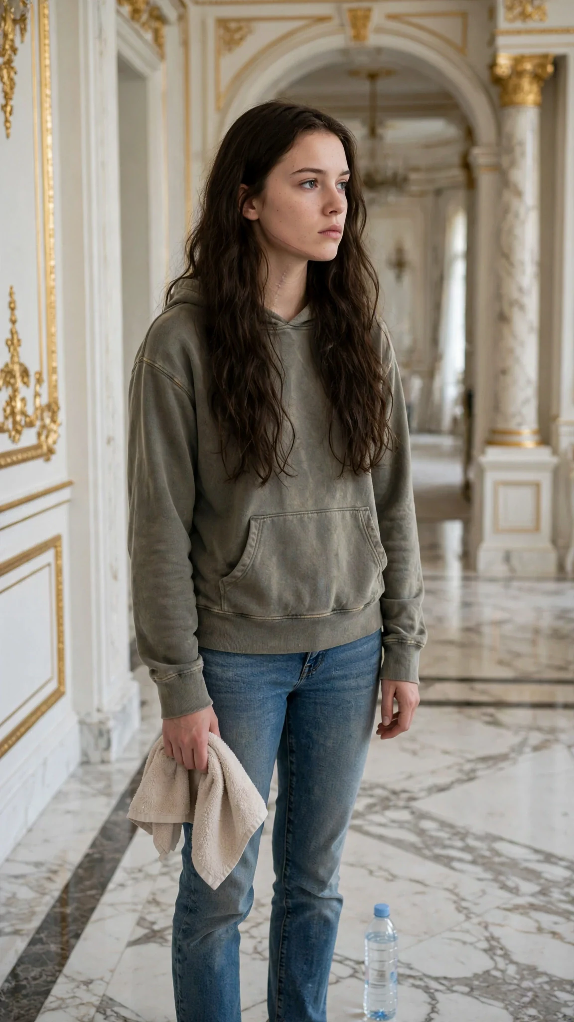Sienna stands in a gold-white hallway holding a towel, a water bottle on the floor beside her.