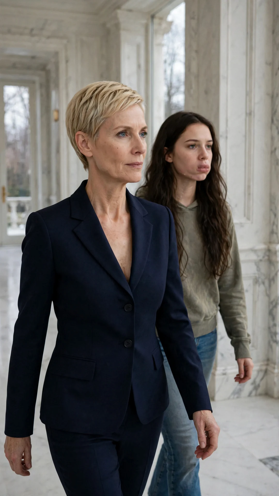 Delia in a fitted suit walks ahead of Sienna through the marble hallway.