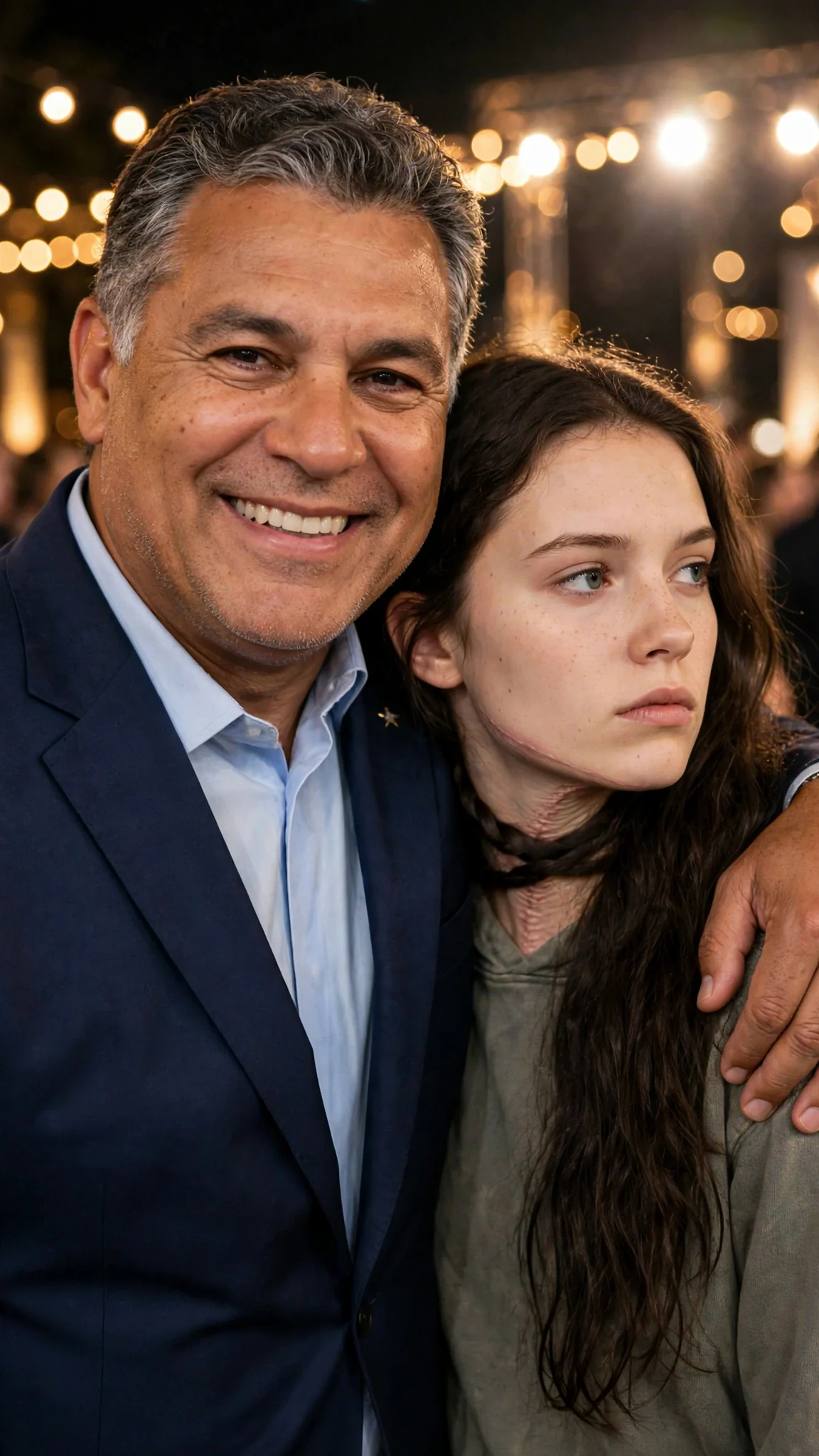 Warrick's heavy arm rests across Sienna's shoulders as she stares ahead with glassy eyes.
