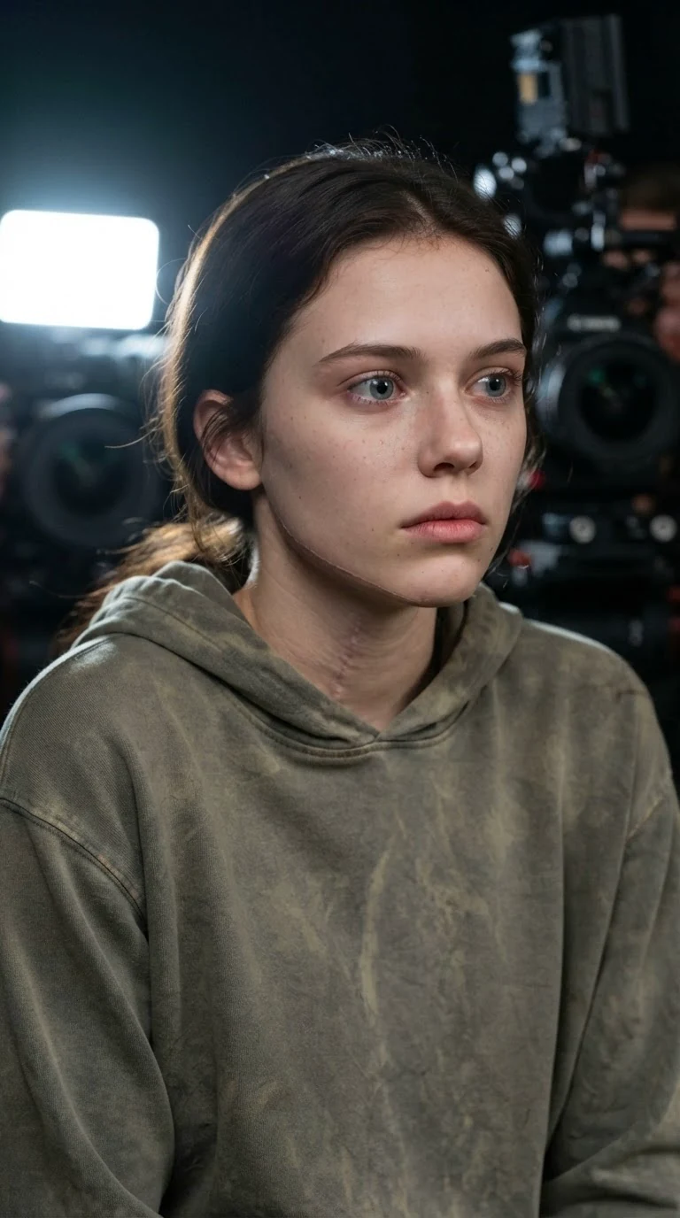 Sienna's face flinches under camera flashes, her jaw and throat scar visible.
