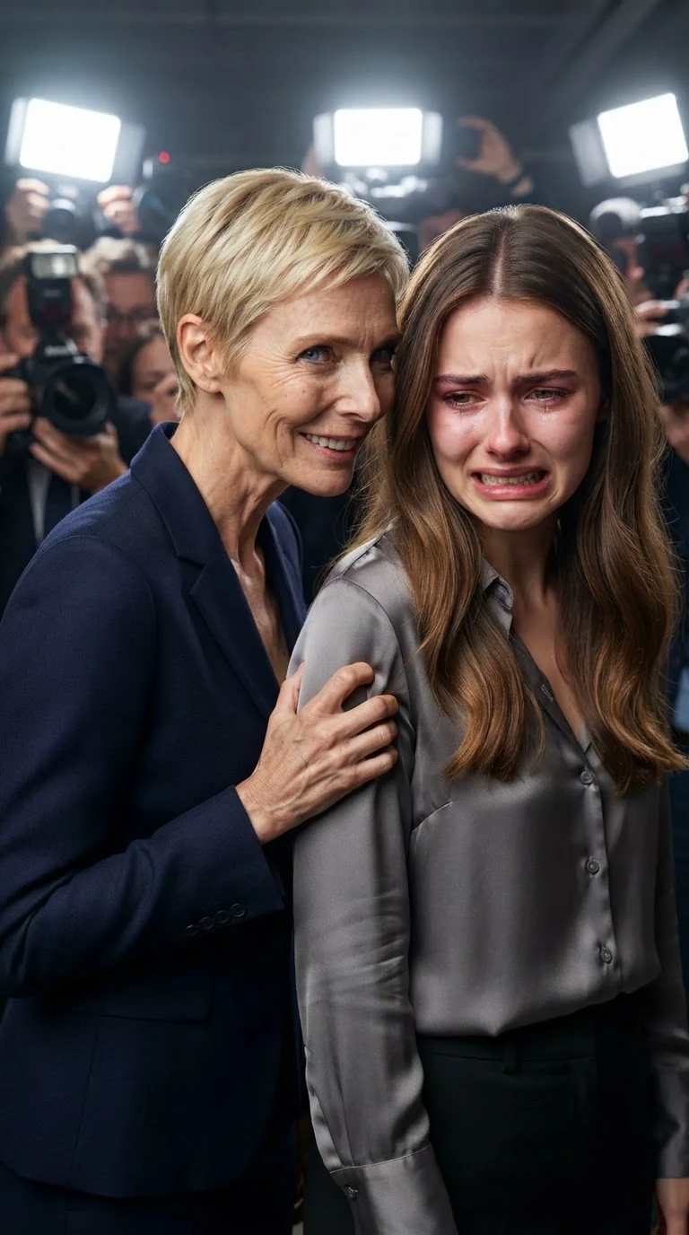 Delia leans close with her nails dug into Sienna's upper arm, smiling toward the cameras.