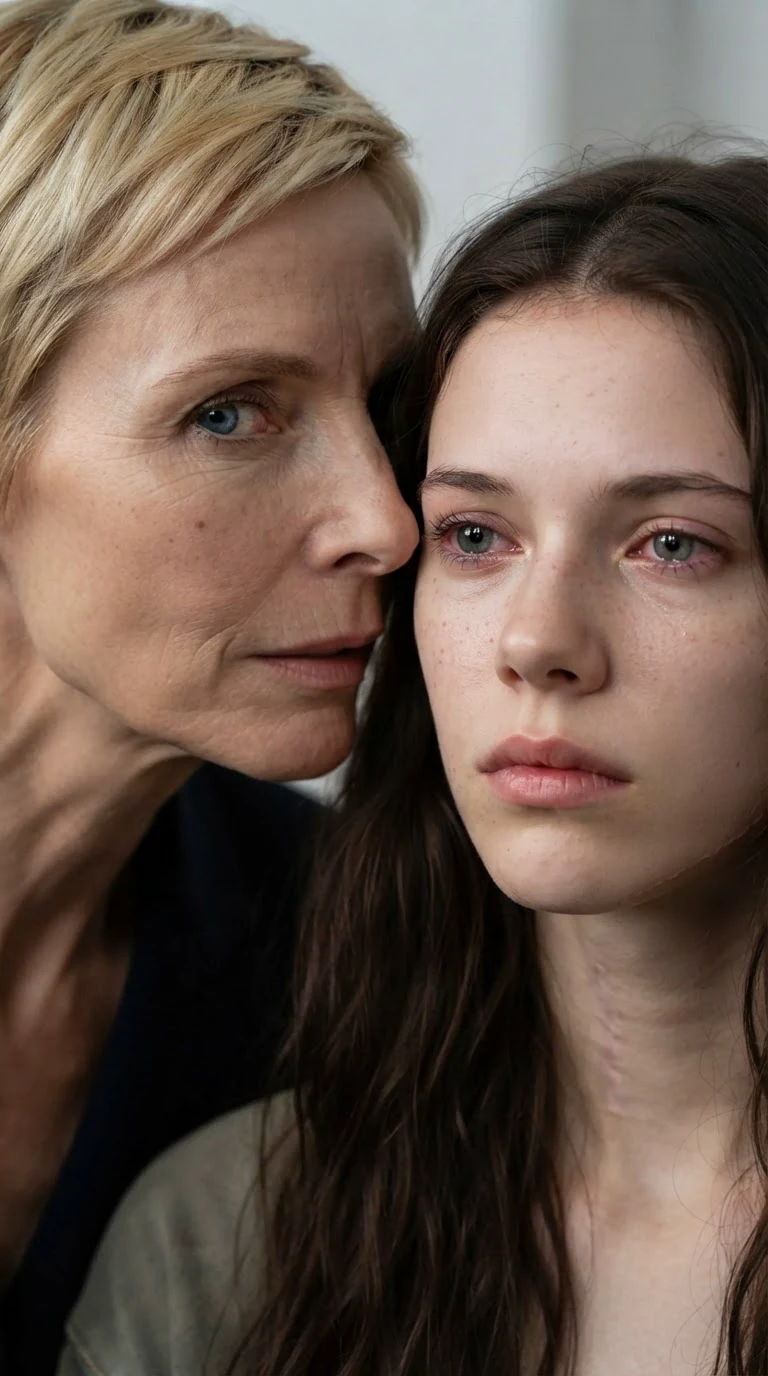 Delia whispers into Sienna's ear, Sienna's eyes brimming with tears.