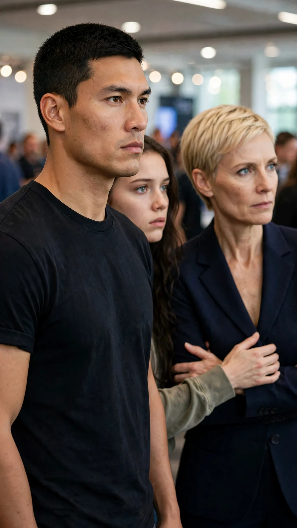 Cato in a dark T-shirt steps in, jaw tight, facing Delia.