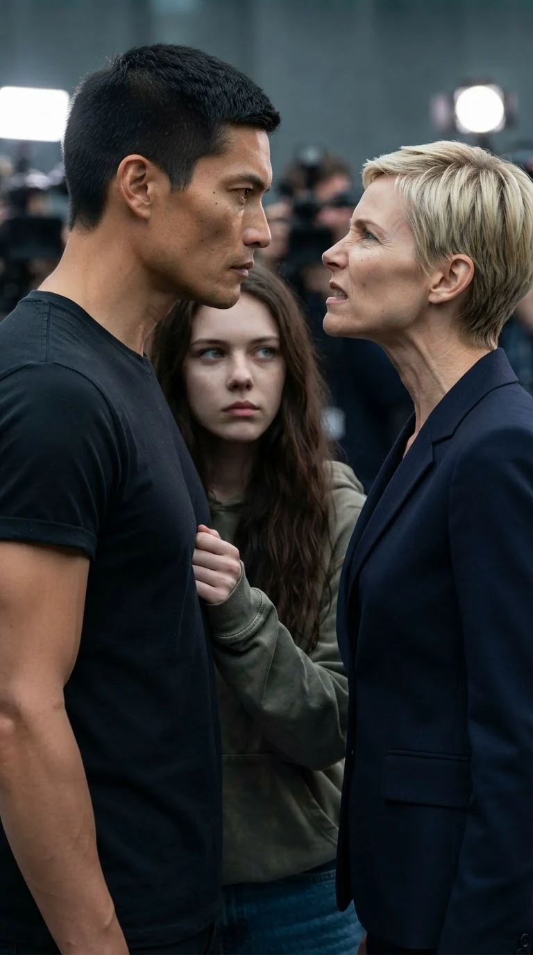 Cato and Delia face each other while Sienna stands frozen between them.
