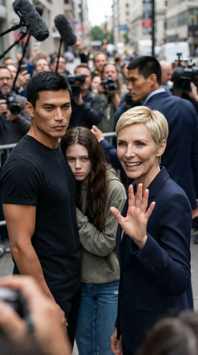 Delia turns a warm smile on the reporters as Cato stays planted beside Sienna.