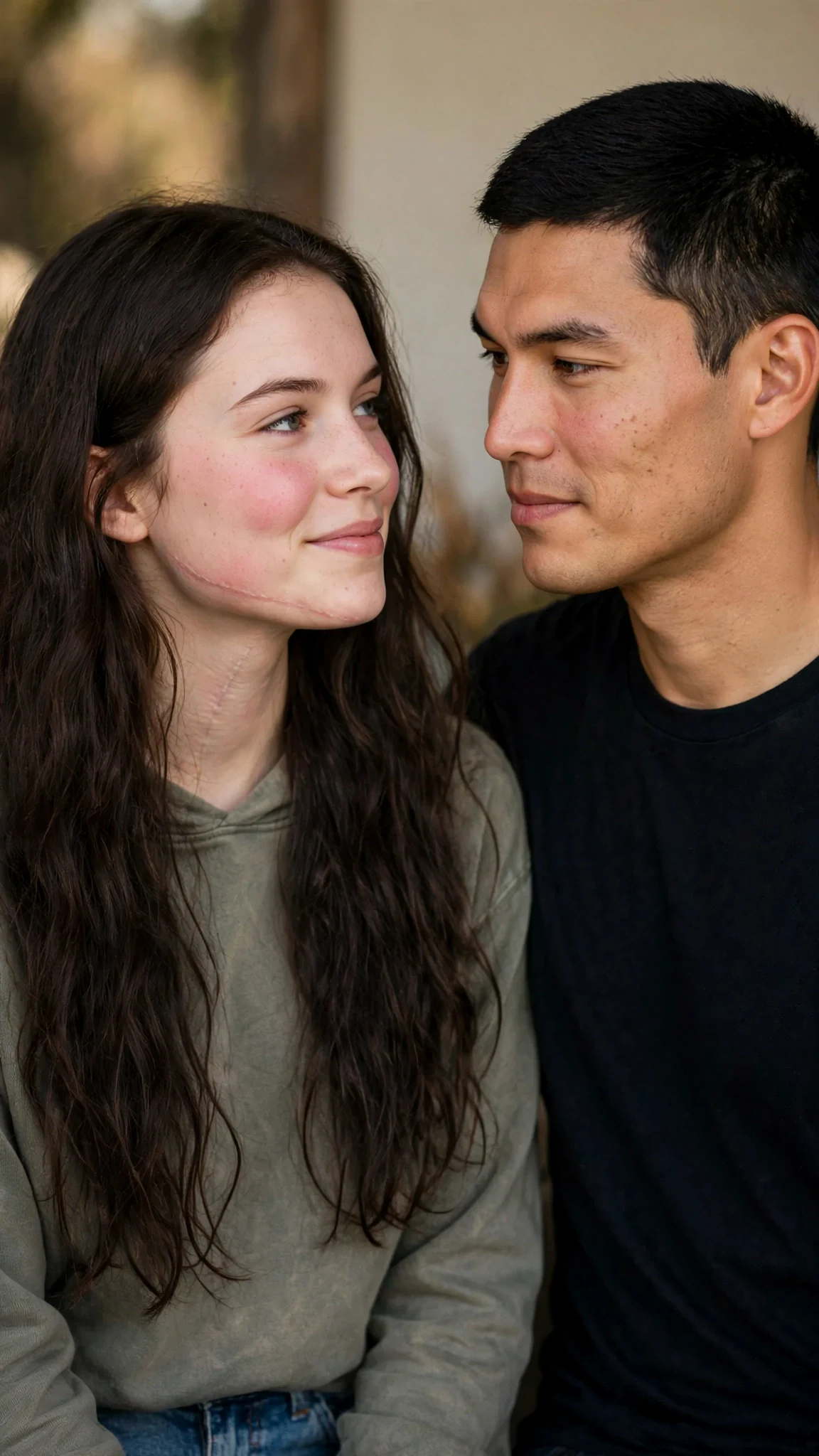 Sienna looks up at Cato from close, her cheeks pink, his arm near hers.