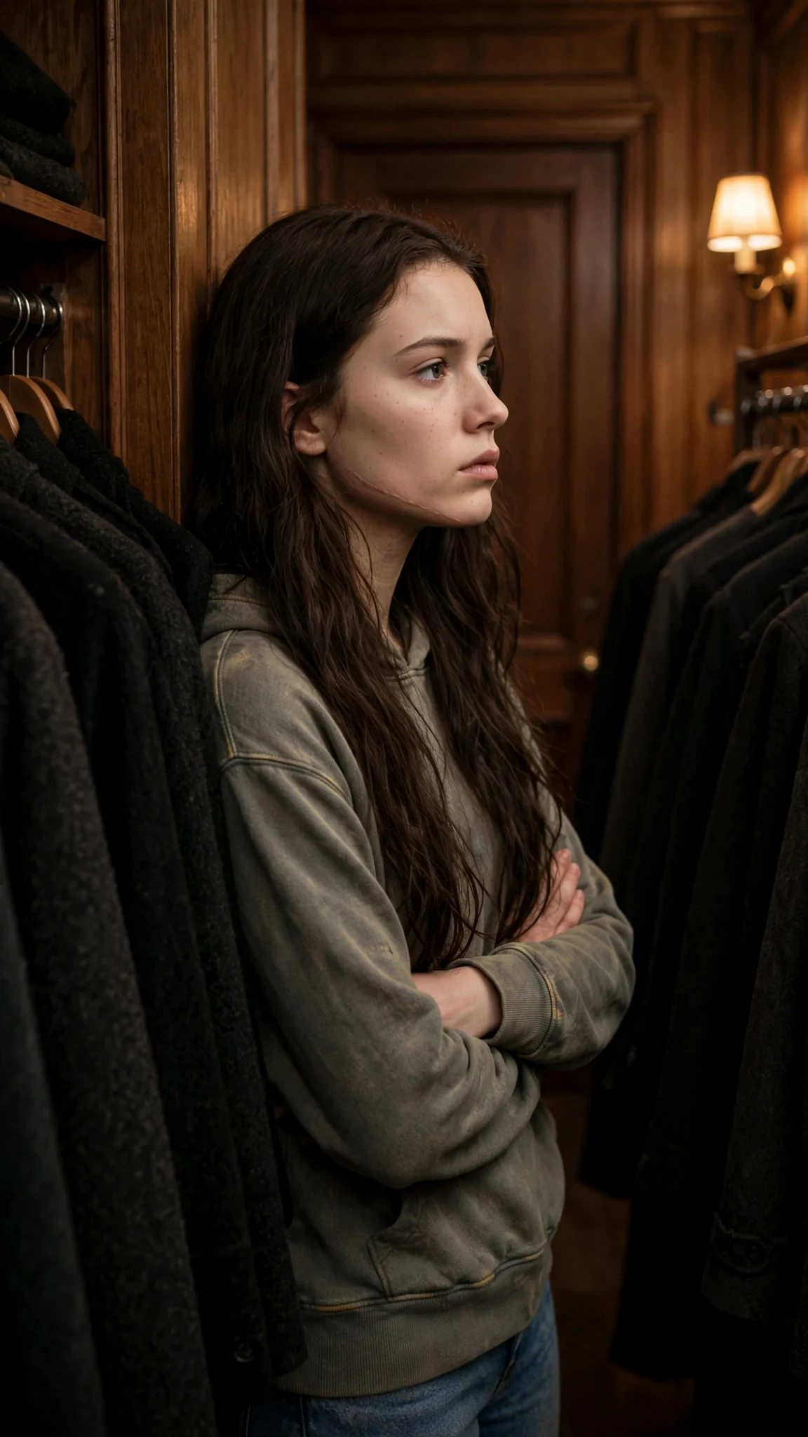 A young woman in a hoodie stands alone between rows of coats in a dark coat room, watching the door.