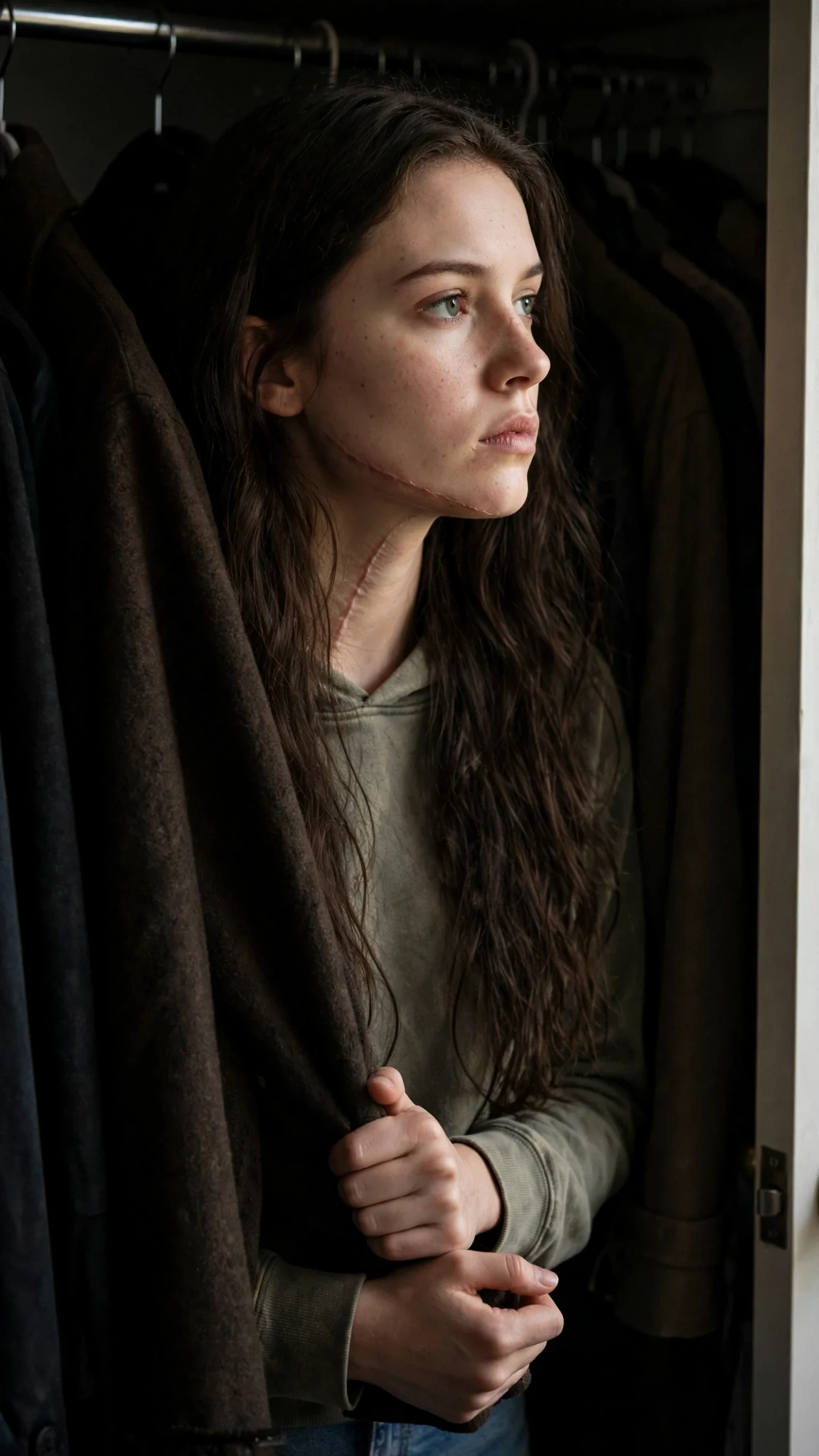 Sienna in shadow between coats, listening toward the door with her jaw tight.