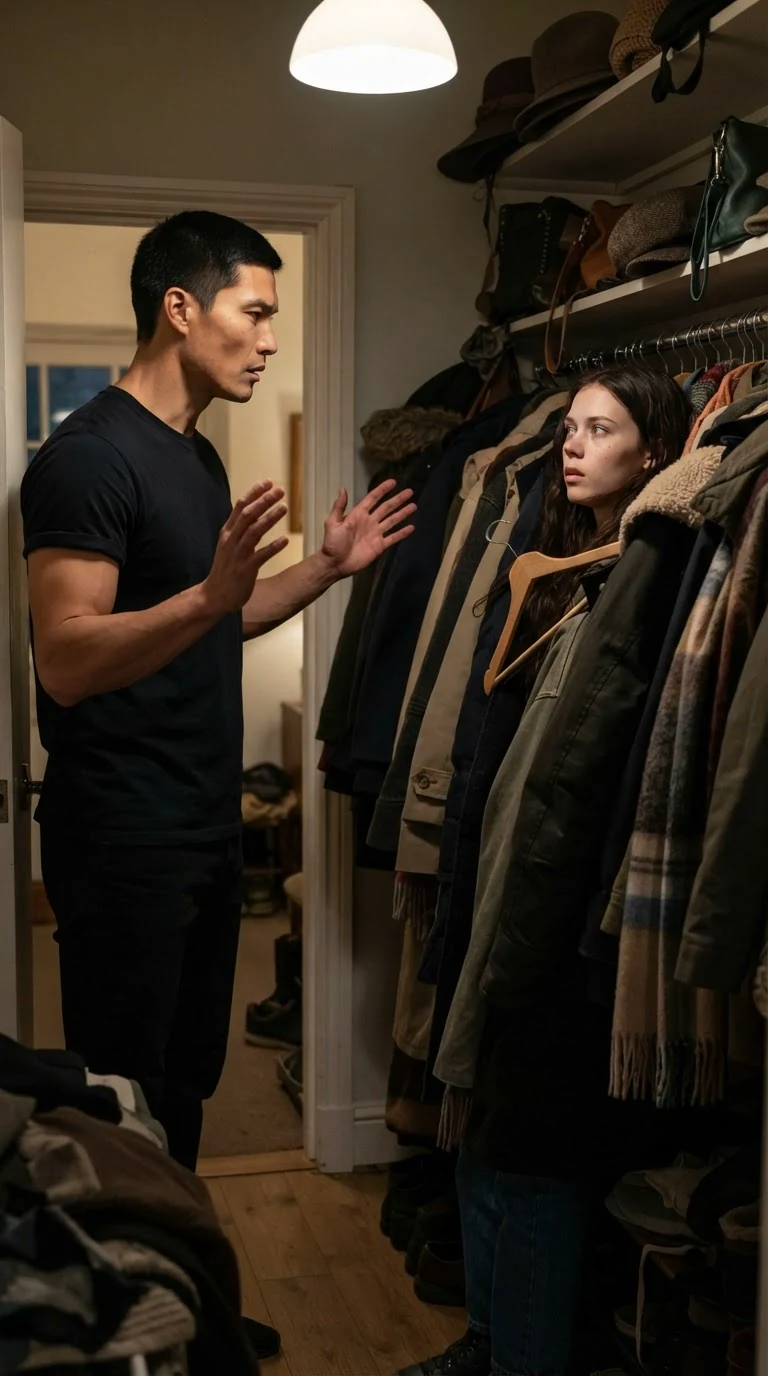 A tall man in a dark T-shirt steps into the coat room with his hands up while Sienna flinches into the coats.