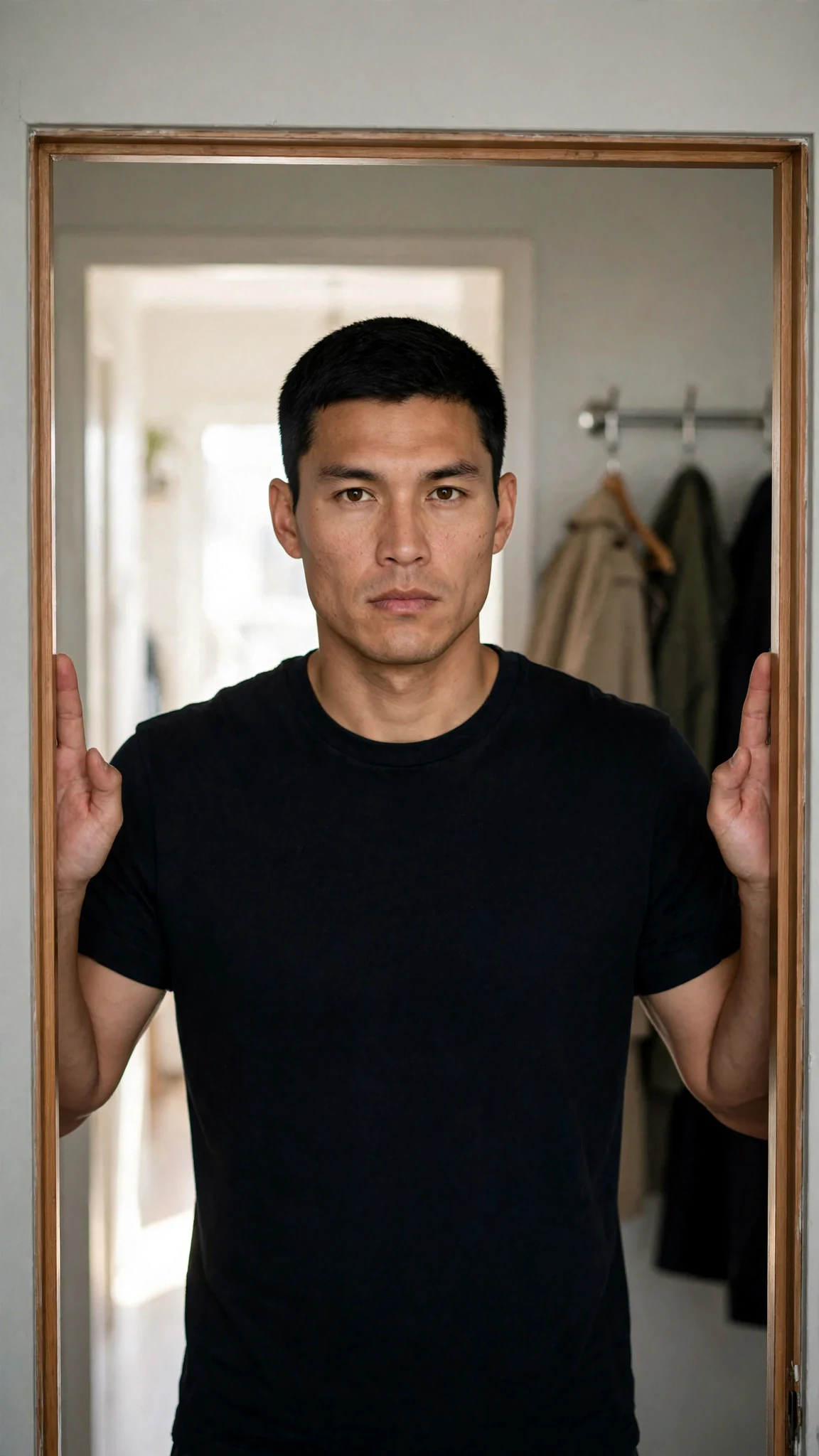 Cato stands in the coat room with his hands raised flat, watching Sienna carefully.