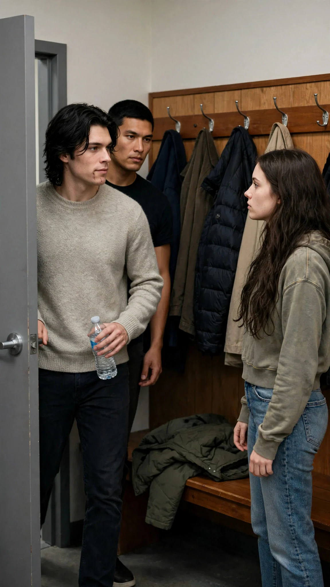 Finn enters behind his brother holding a water bottle, the door shutting softly behind him.