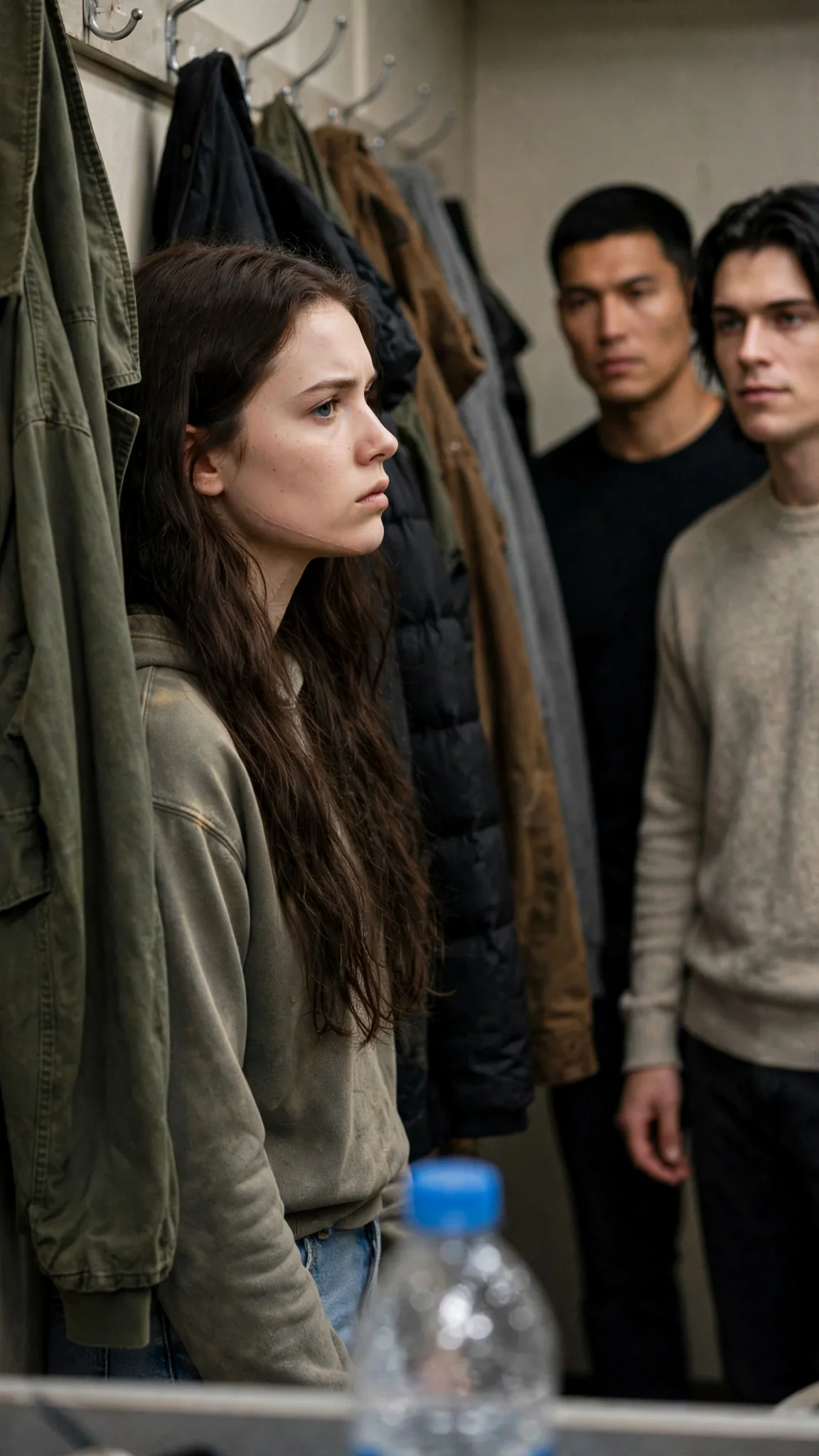 Sienna stares at the water bottle, then at the men, her back flat to the wall.