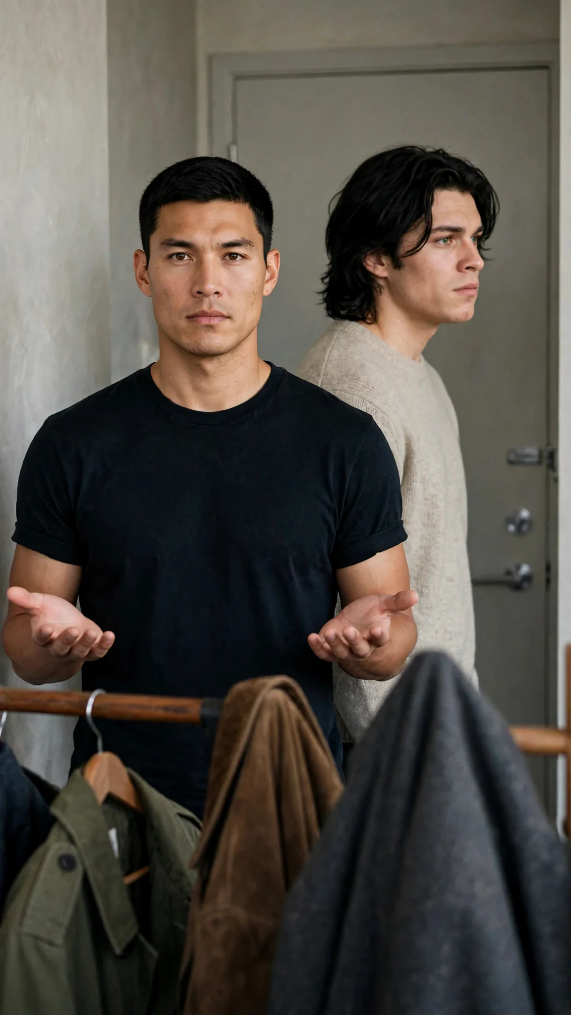 Cato shrugs slightly with open hands, Finn behind him watching the door.