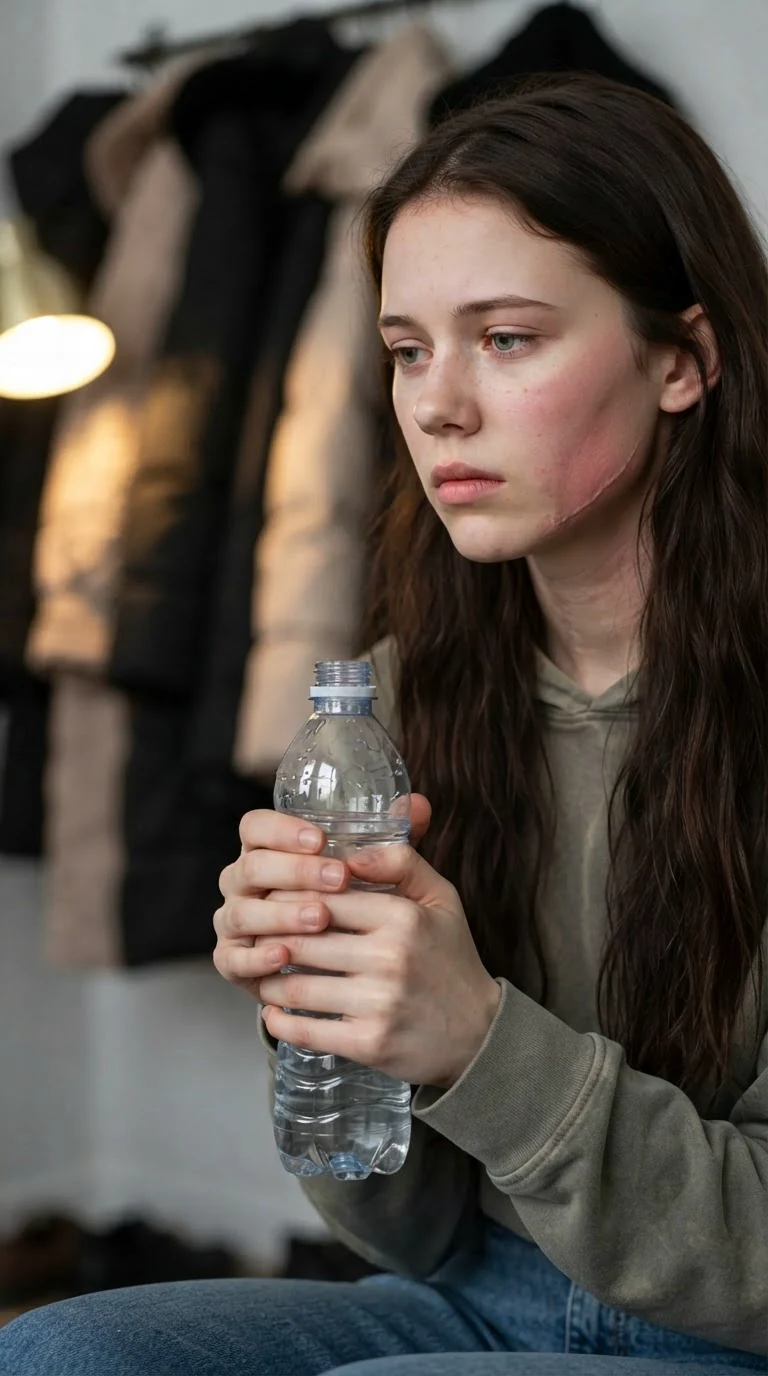 Sienna takes the bottle and it rattles in her shaking hand, her face flushed with shame.