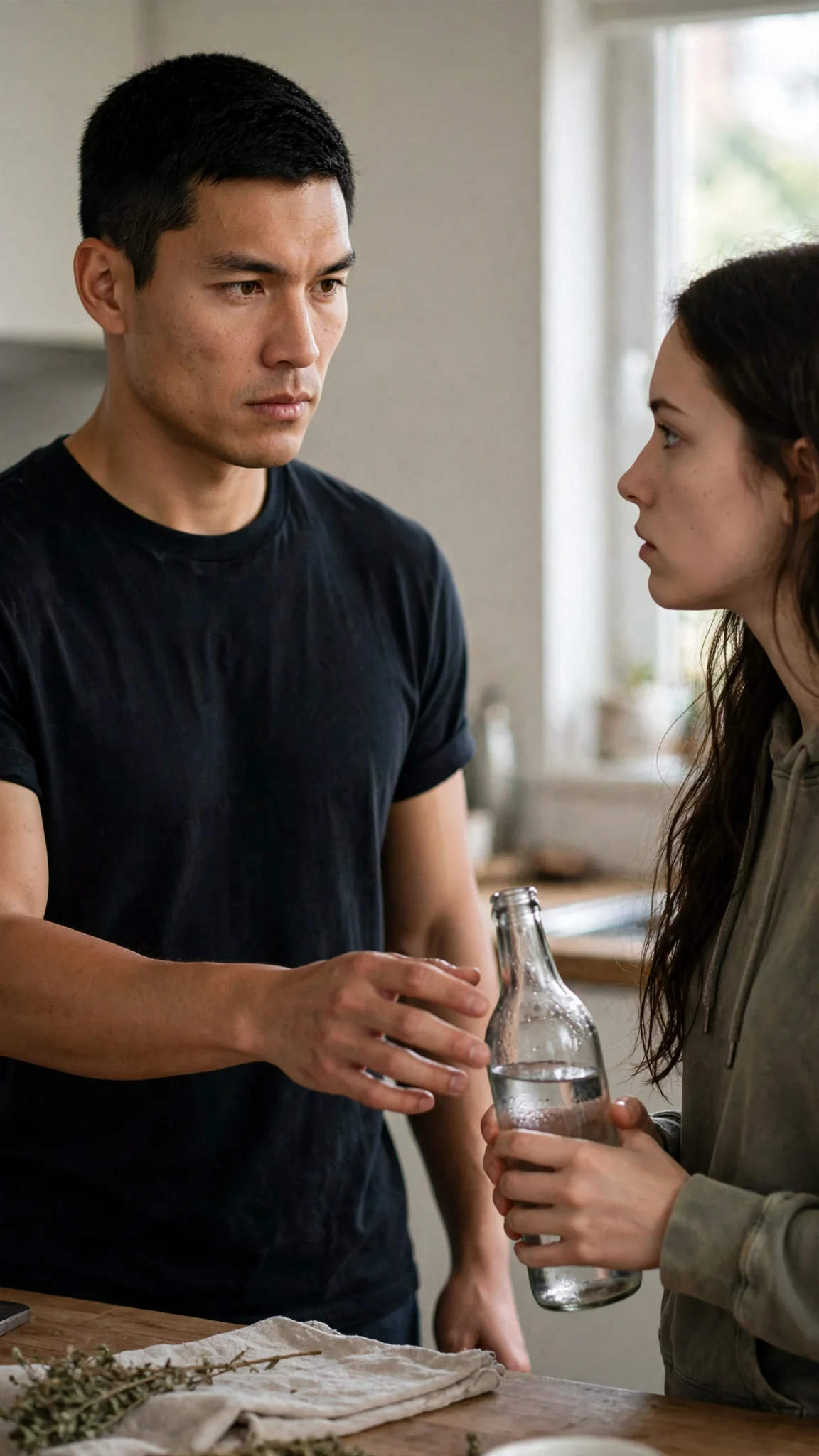 Cato stands close but not touching, one hand lifted in offer, eyes on hers.