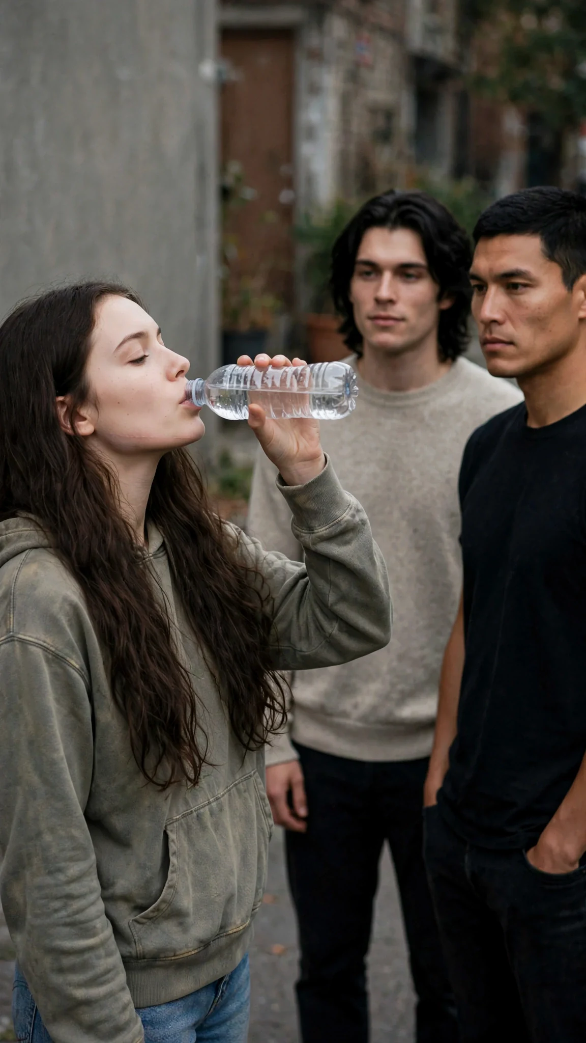Sienna drinks from the bottle while both brothers watch her, Finn standing again.