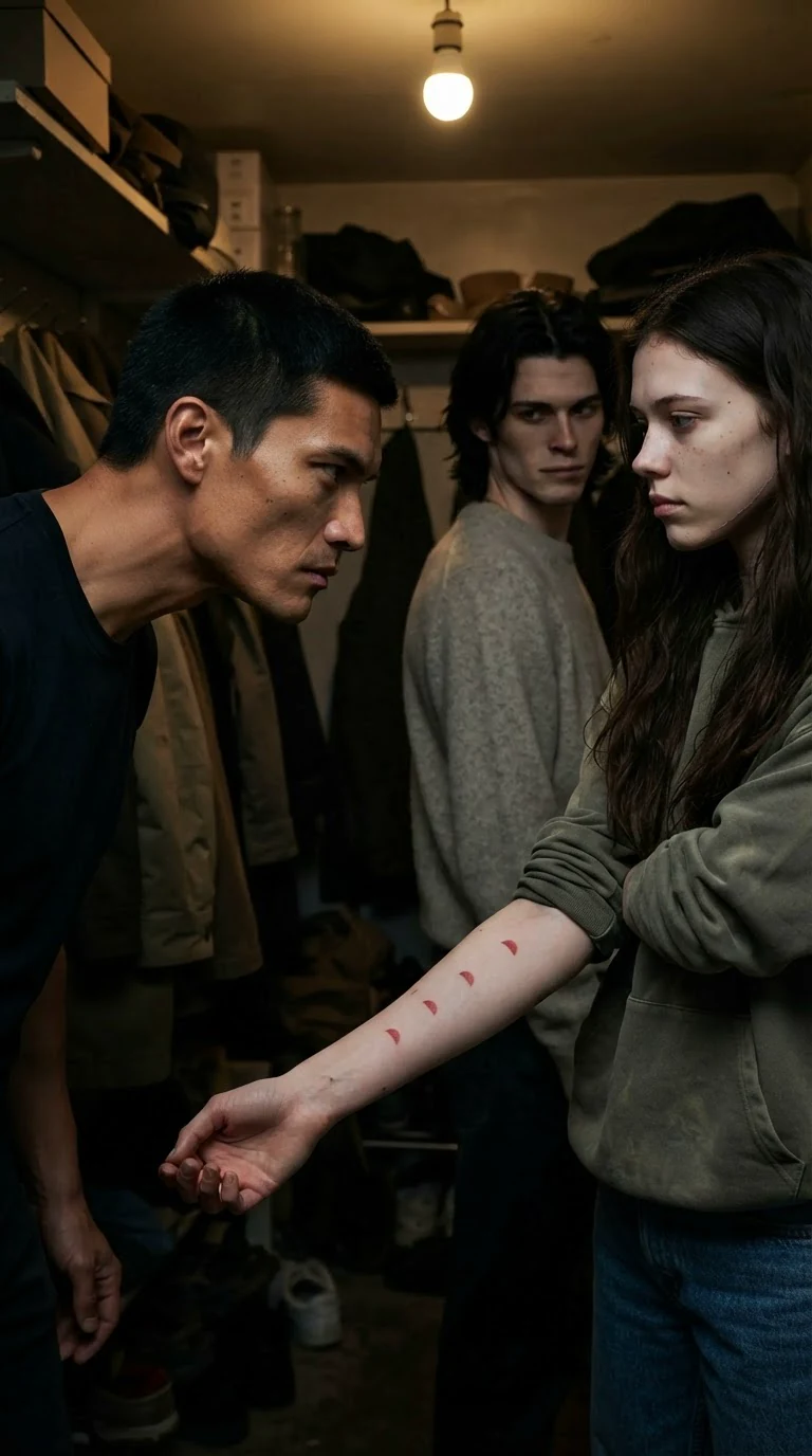 Cato looks at Sienna's rolled-up sleeve, four small red nail marks on her forearm.