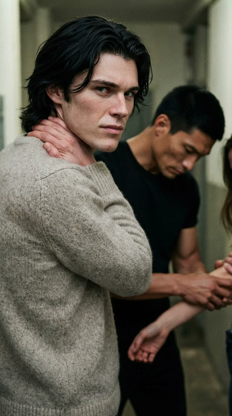 Finn turns away toward the coats with one hand pressed to the back of his neck, furious.