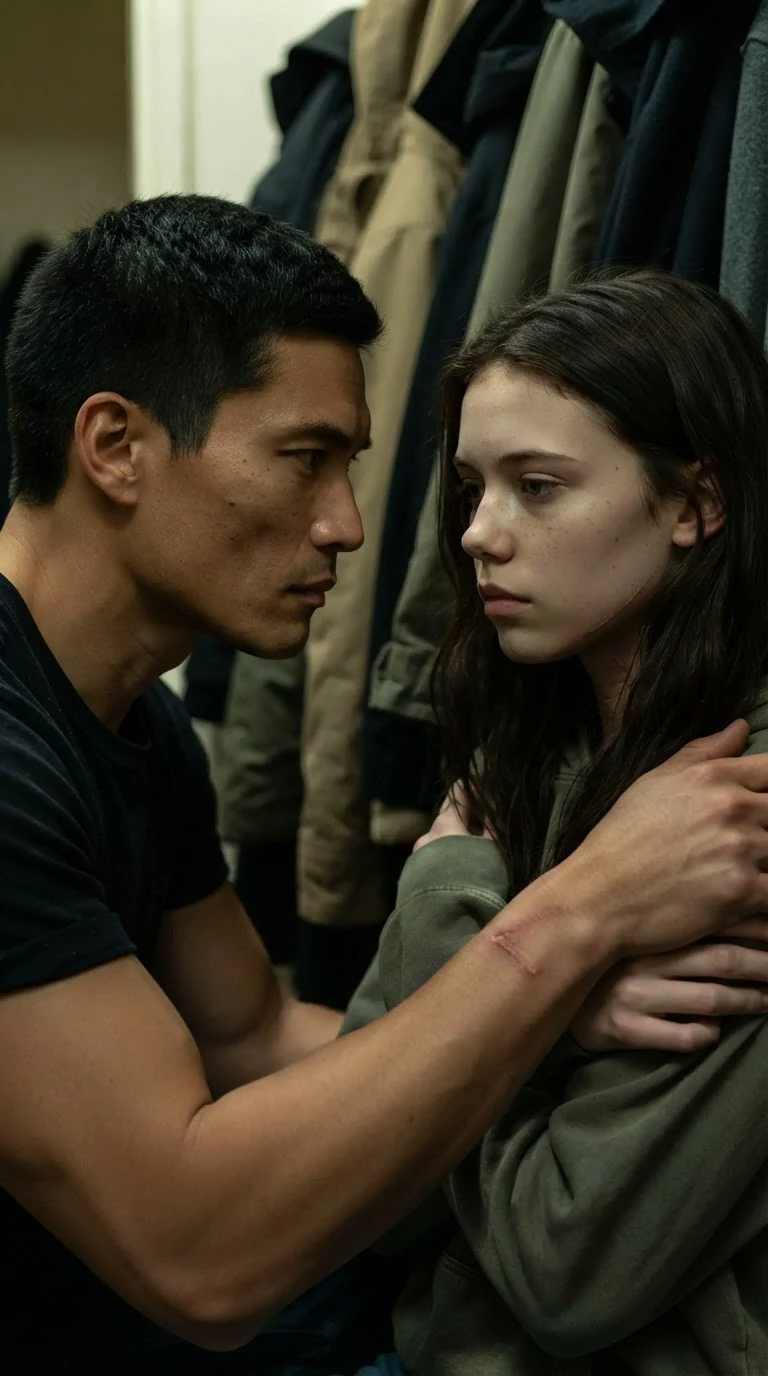 Cato looks down at Sienna with a hard promise in his face while she hugs her arm.