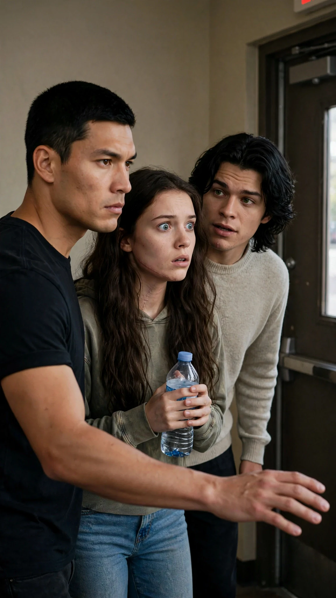 Cato steps in front of Sienna toward the door, Finn stays beside her.