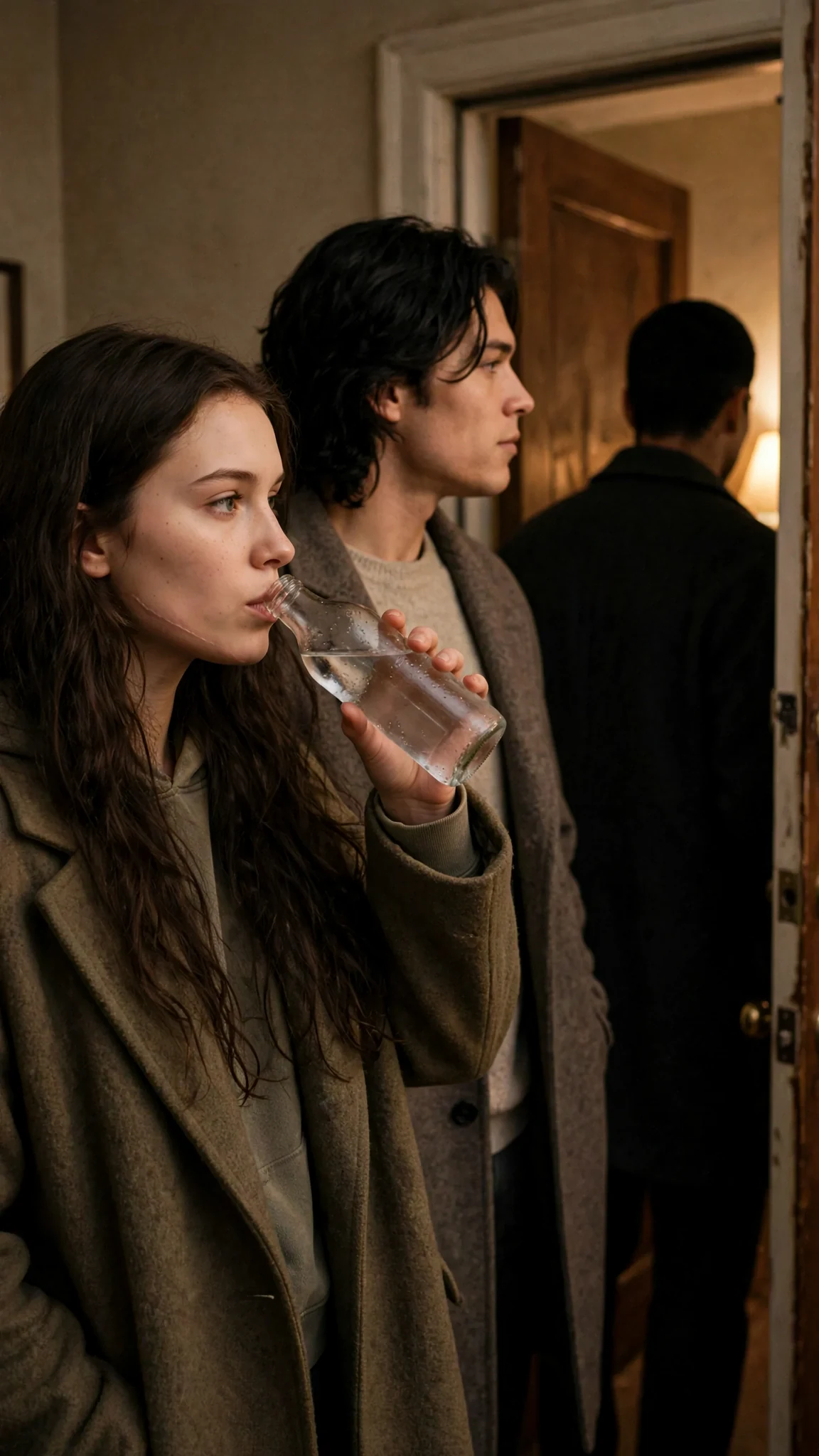 Sienna sips the water beside Finn in the coat room, watching Cato's back at the door.