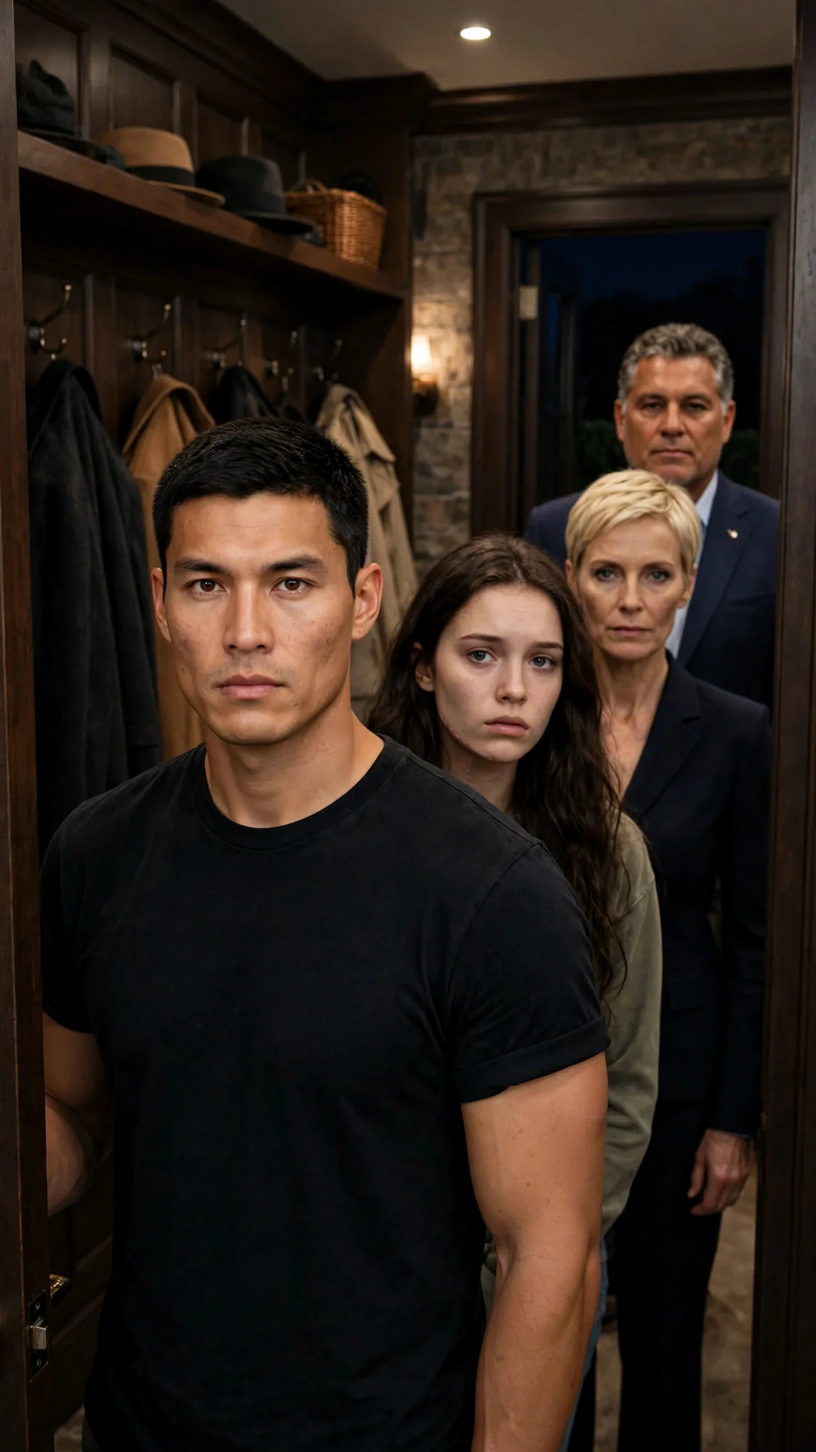 Delia and Warrick stand in the coat room doorway, Sienna pressed against the coats behind Cato.