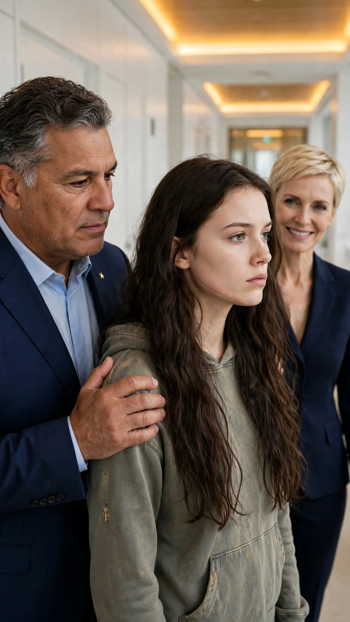 Warrick guides Sienna down a bright hall with a heavy hand on her shoulder while Delia watches.