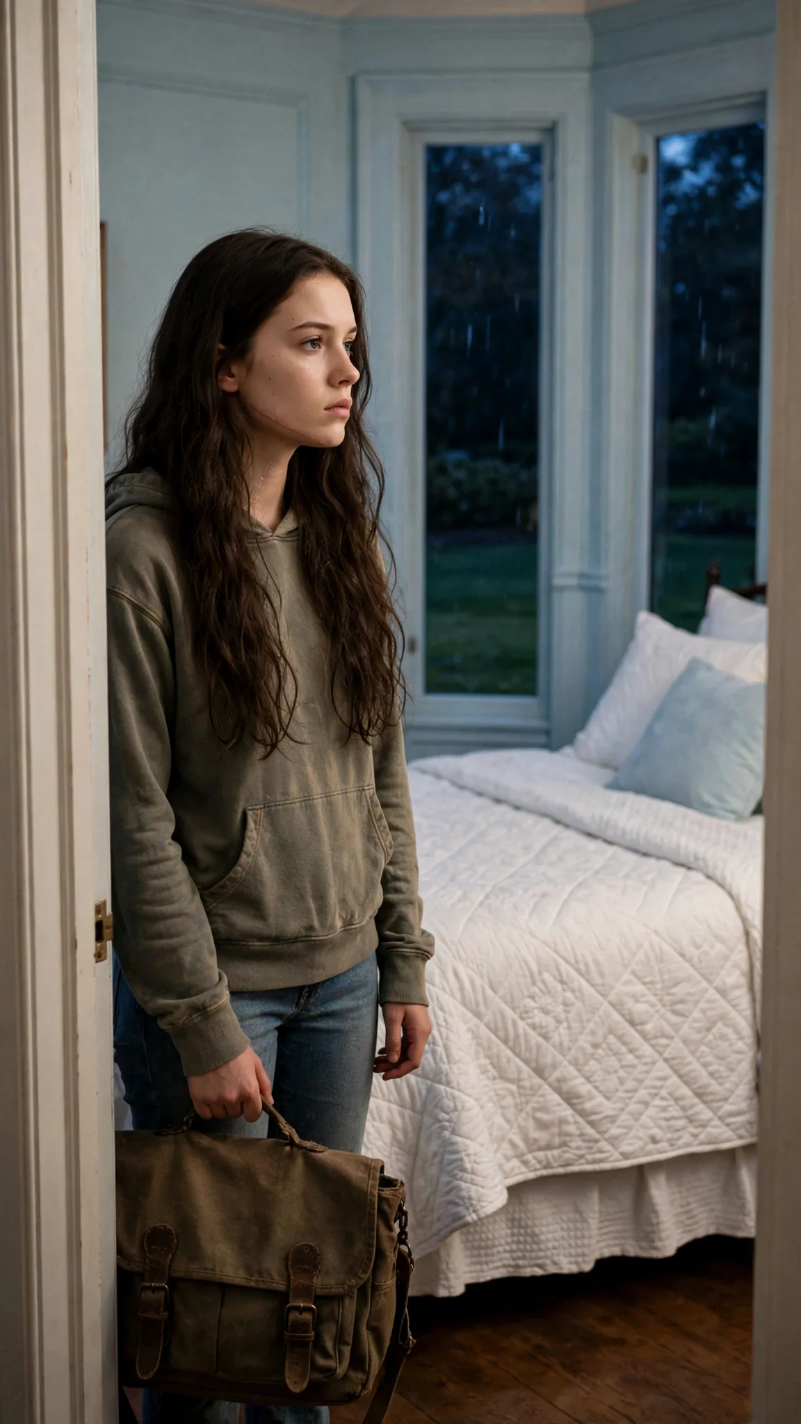 Sienna stands alone in a large blue bedroom holding her one bag, staring at the white bed.