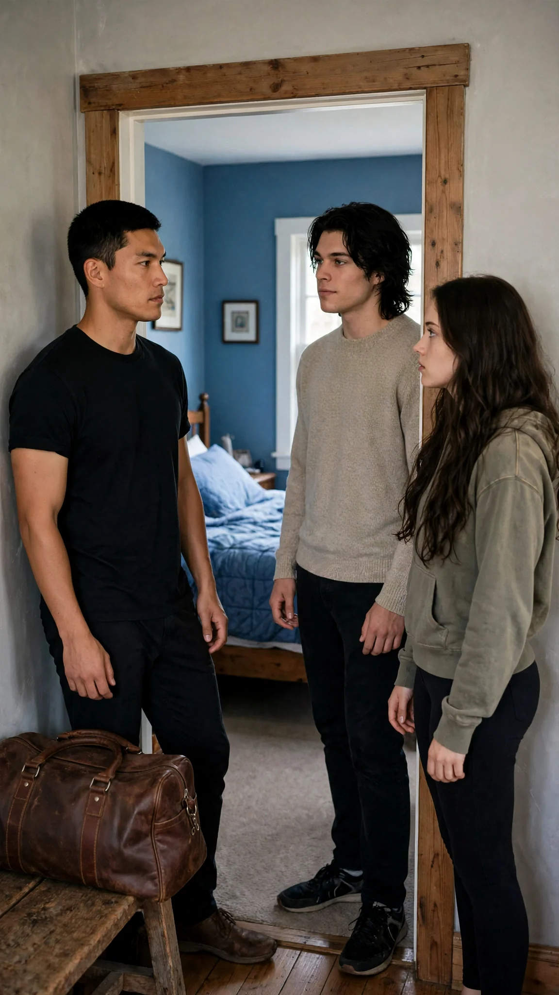 Cato sets her bag down inside the doorway and steps back while Finn leans in the hall behind him.