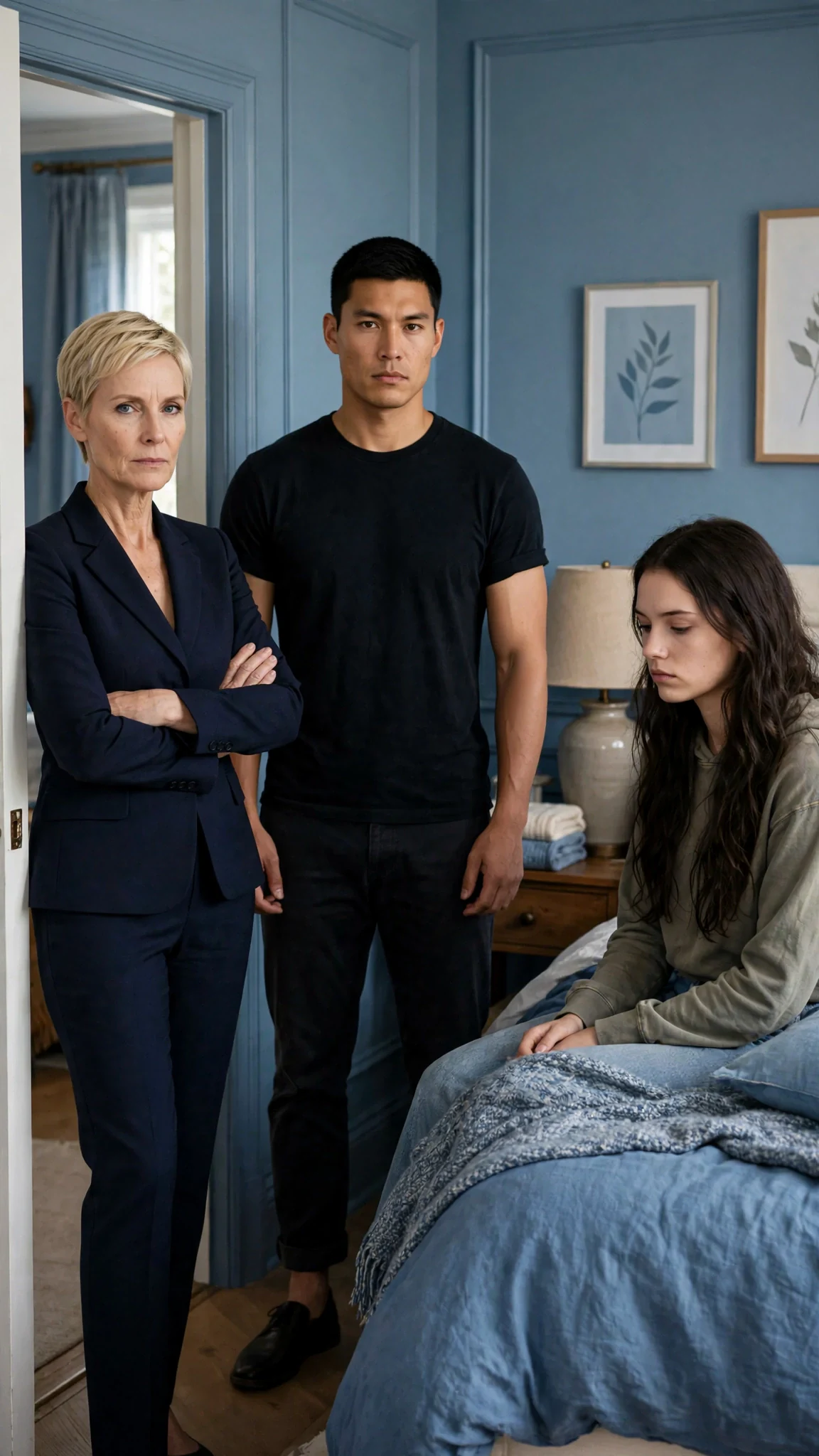 Delia appears in the bedroom doorway with her arms crossed while Cato stands between her and Sienna.