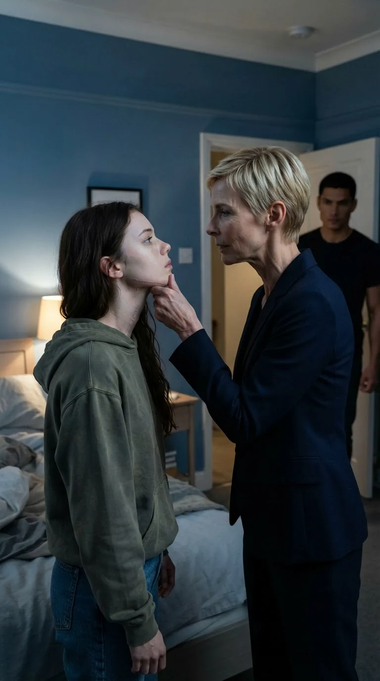 Delia grips Sienna's chin to lift her face, and Cato's shadow falls in from the open doorway.