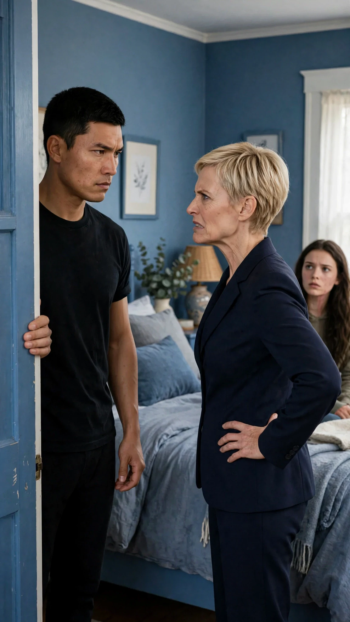 Cato fills the doorway with a flat stare, Delia turns on him with her hands on her hips.