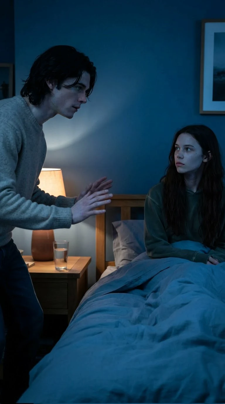 Finn sets a glass of water on the nightstand and steps back with his hands open.