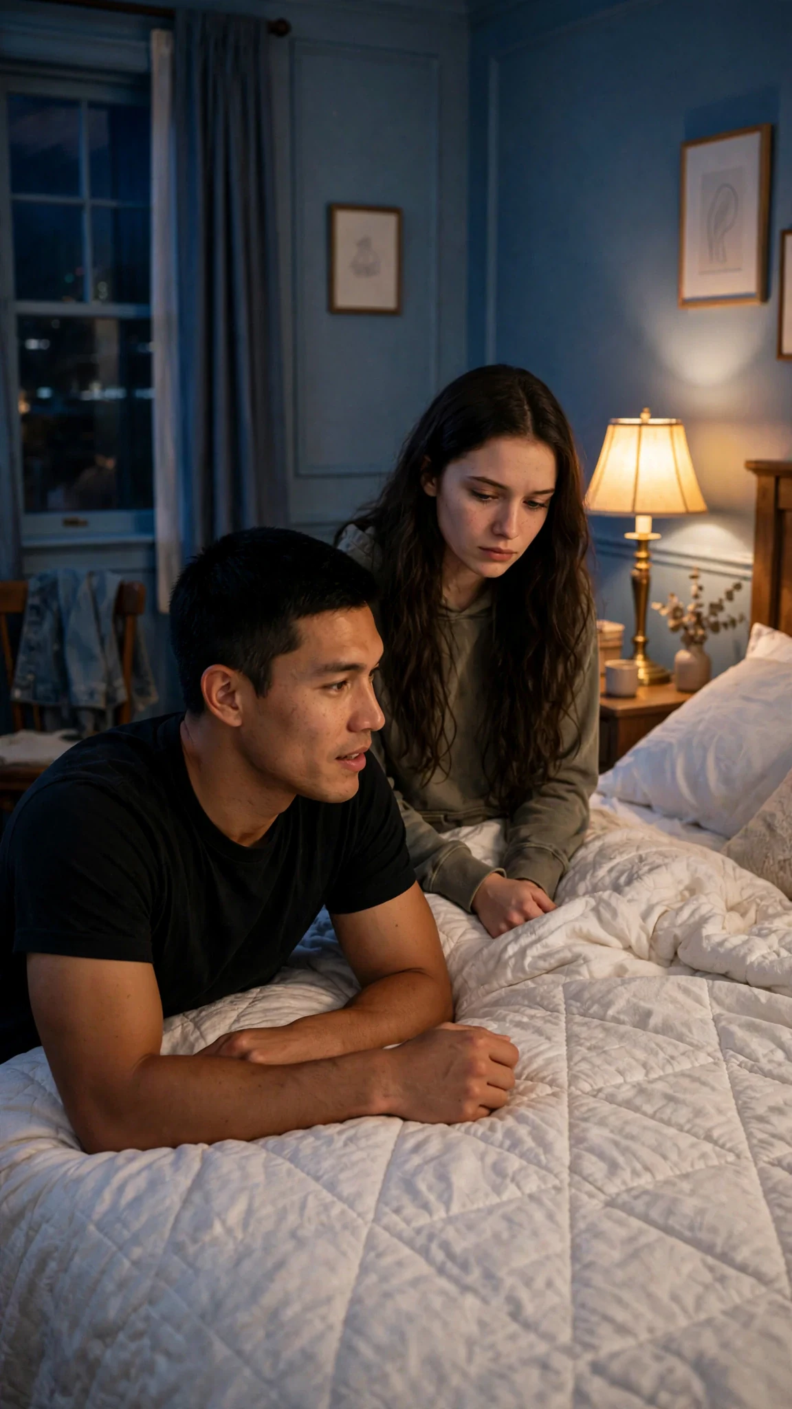 Cato sits at the foot of the bed talking quietly while Sienna stares at the quilt, eyes shining.