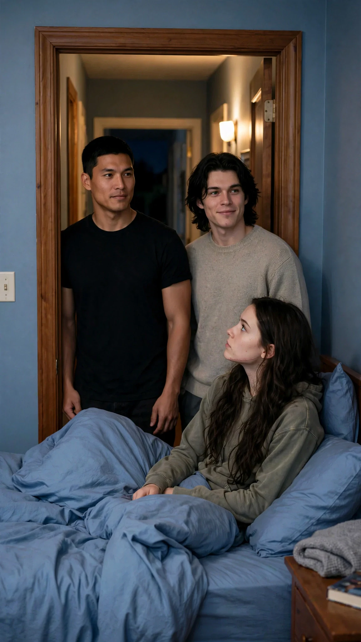 The brothers stand in the bright doorway saying goodnight, the door left open into the dark hall.