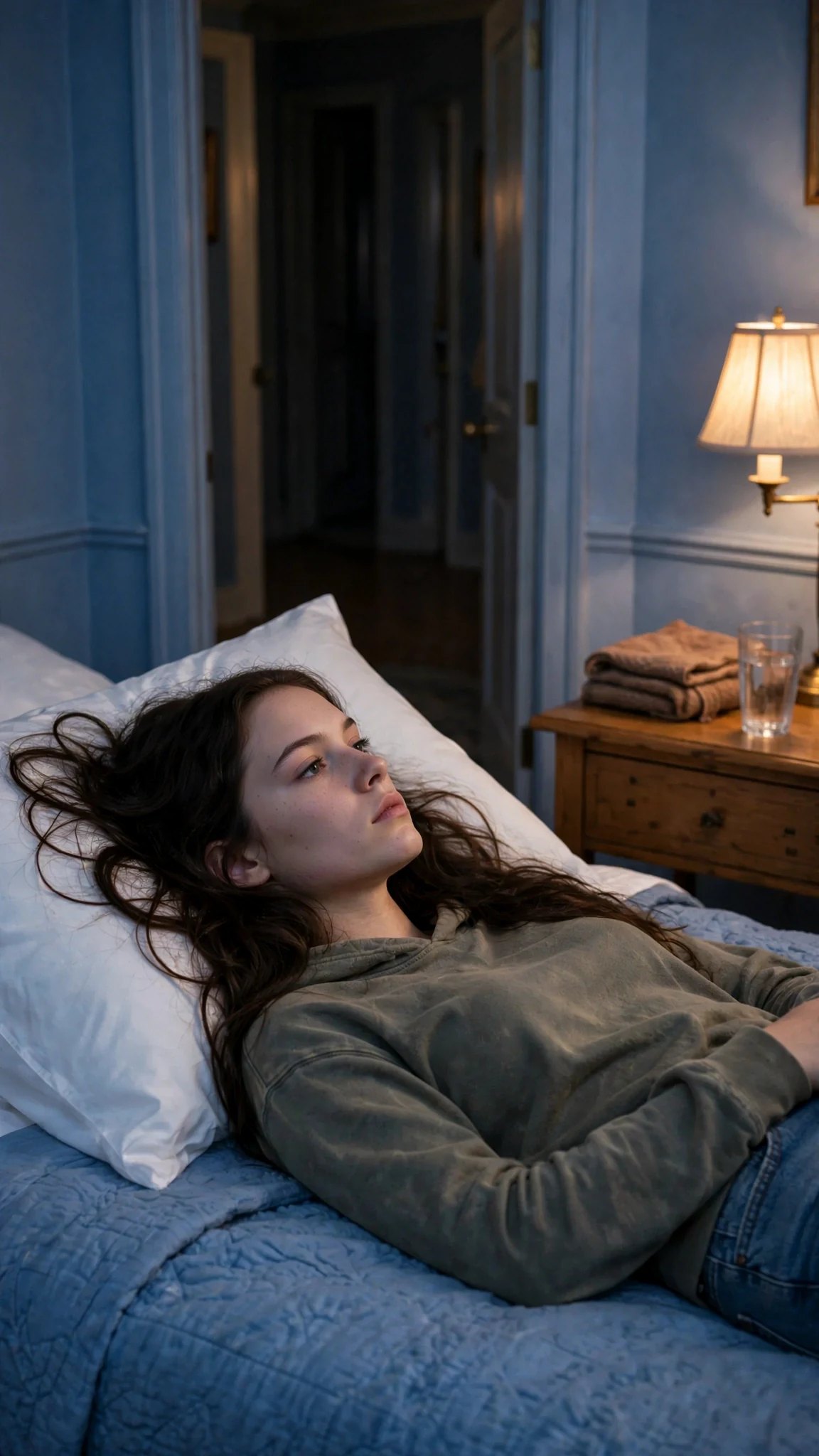 Sienna lies on the white bed with her scarf off on the nightstand, the lamp still on.