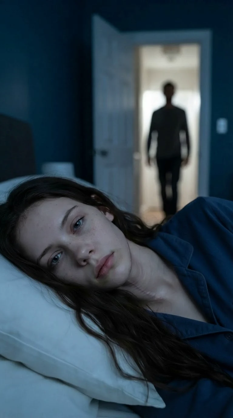 Sienna's eyes half closed on the pillow as a shadow passes the open door in the hall.