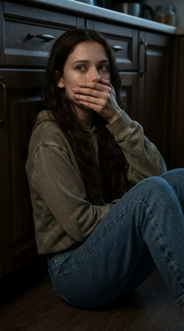 Sienna sits on the kitchen floor in the dark with her hand over her mouth.