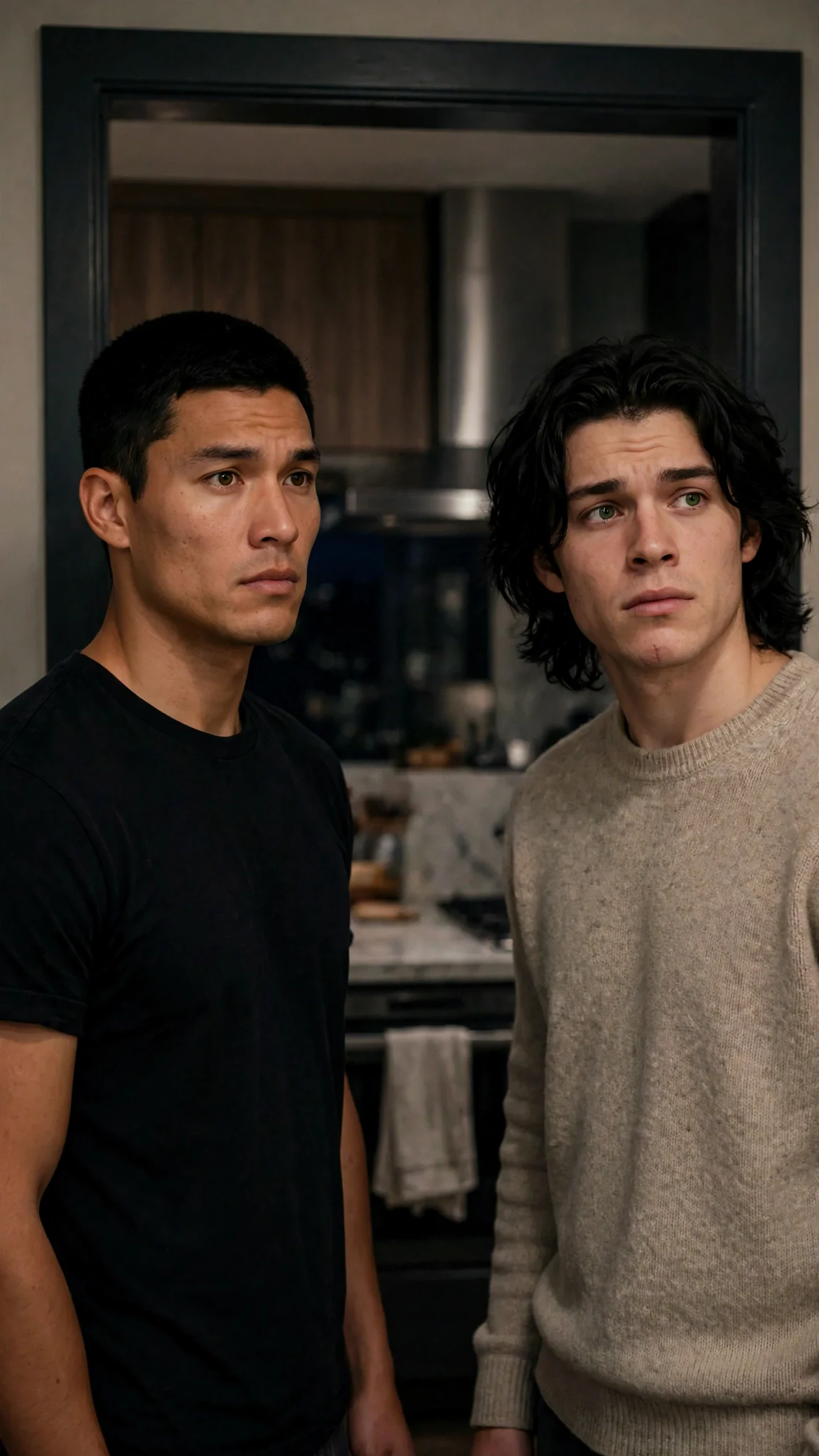 Cato and Finn stand in the kitchen doorway, worried.